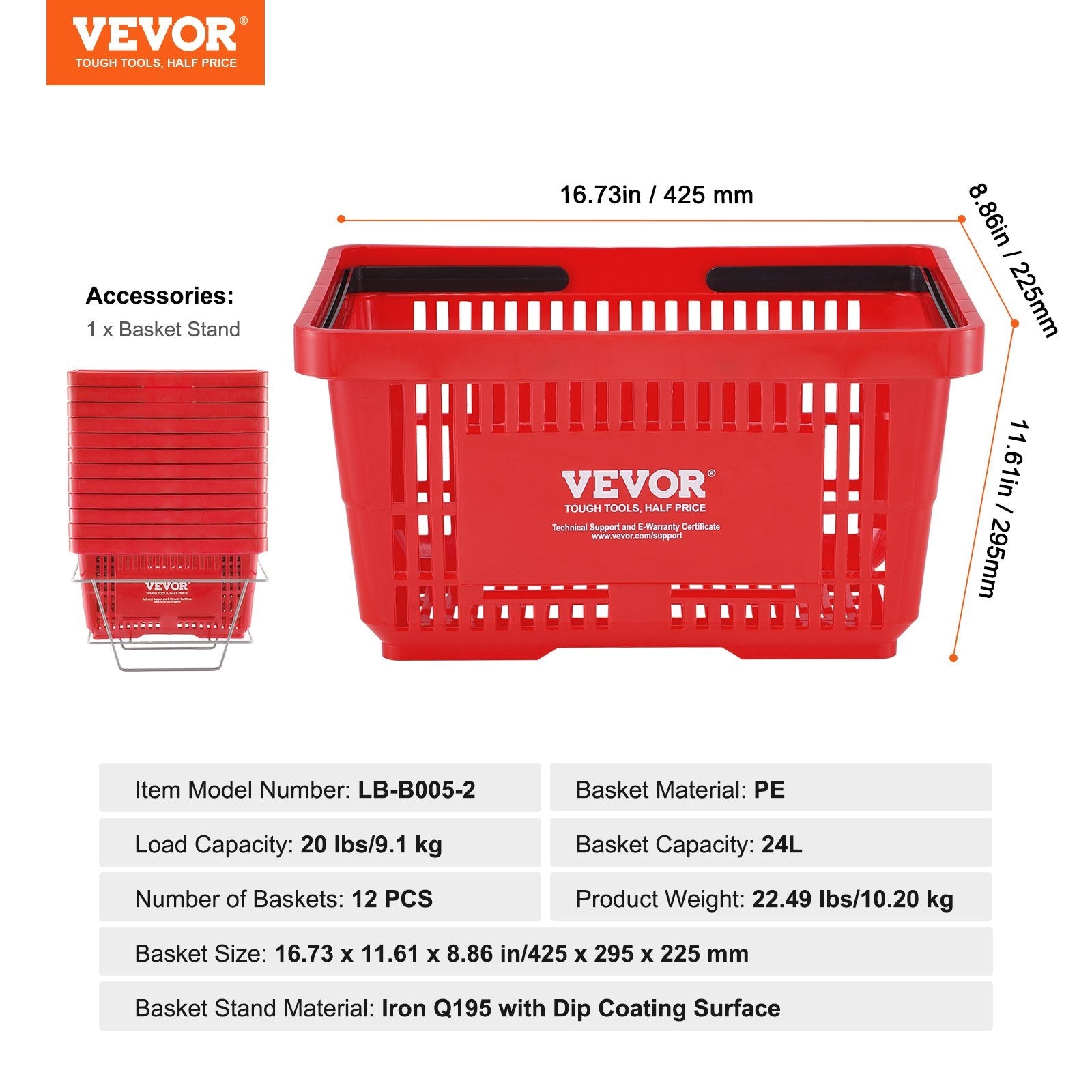 VEVOR Shopping Basket, Set of 12, 24L Durable Plastic Grocery Basket with Handle and Stand, 16.73 x 11.61 x 8.86 inch Portable Shop Basket Bulk Used for Retail Store Supermarket Grocery Shopping, Red 