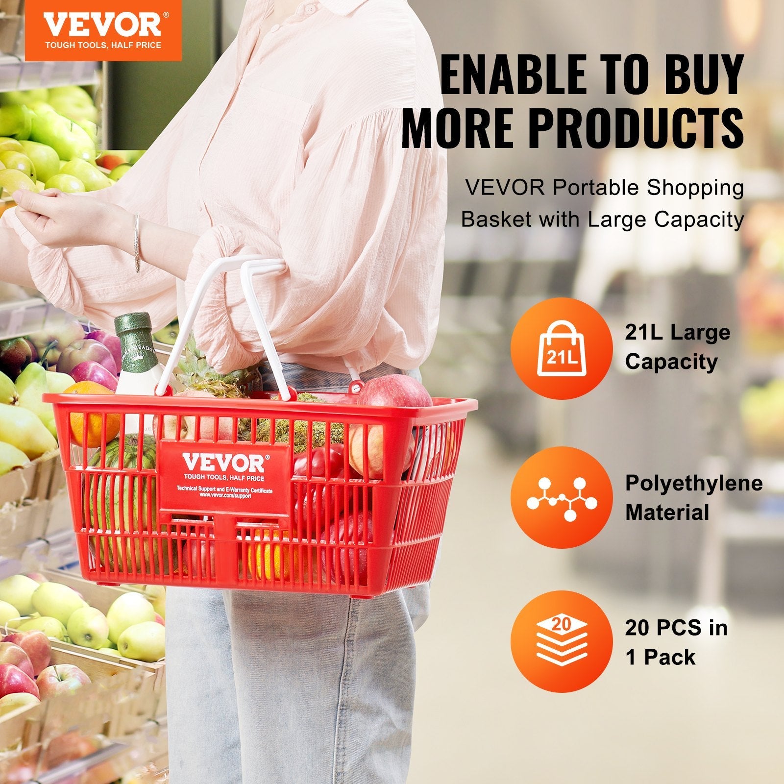 VEVOR Shopping Basket Portable Grocery Basket 20PCS 21L with Handle & Stand Red 