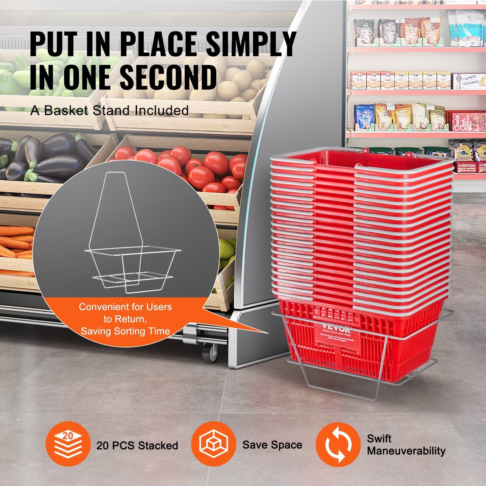 VEVOR Shopping Basket Portable Grocery Basket 20PCS 21L with Handle & Stand Red 