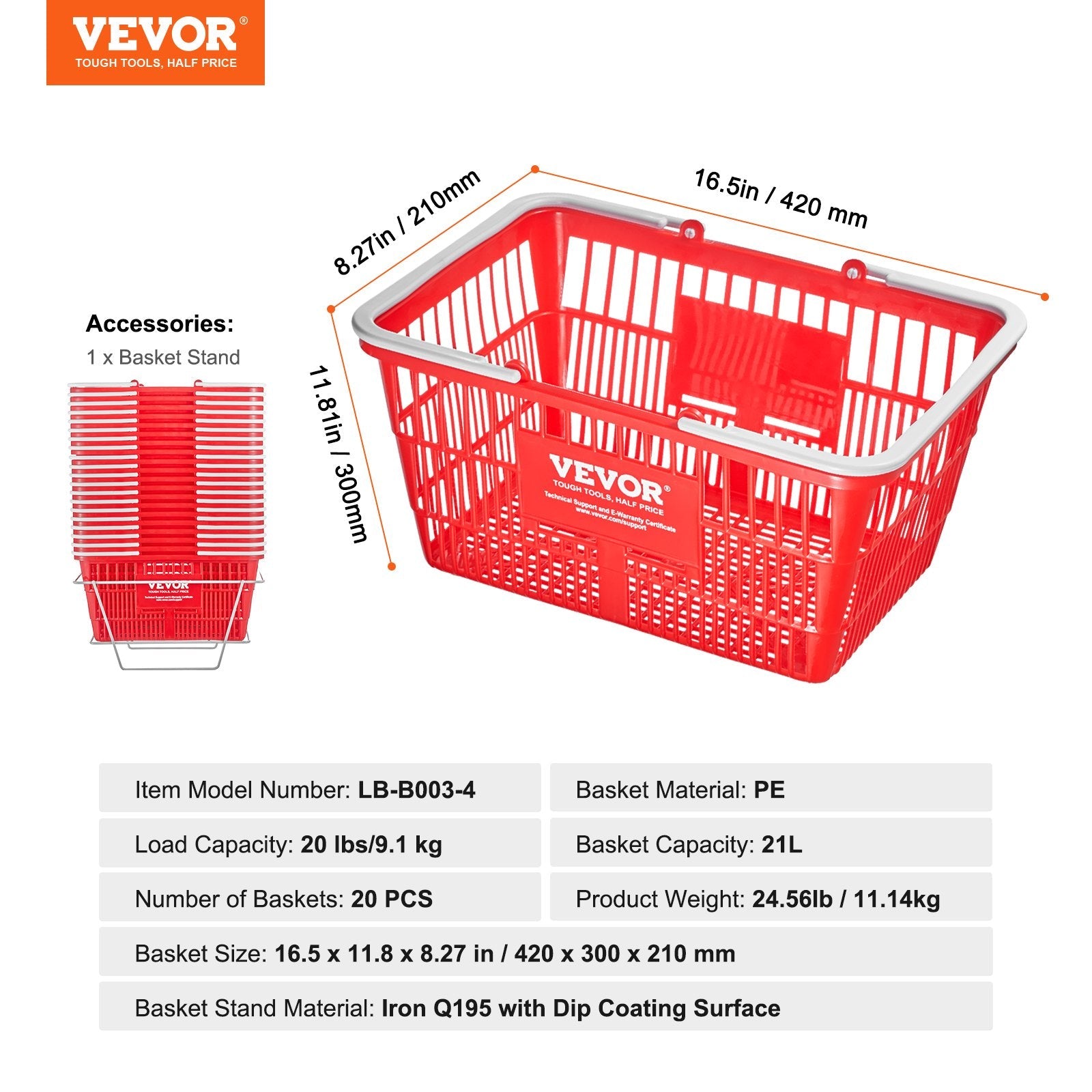 VEVOR Shopping Basket Portable Grocery Basket 20PCS 21L with Handle & Stand Red 