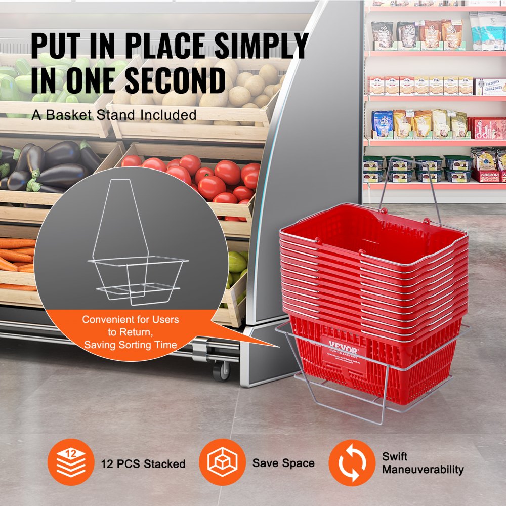 VEVOR Shopping Basket, Set of 12, 21L Durable Plastic Grocery Basket with Metal Handle and Stand, 16.73 x 12.01 x 8.58 inch Portable Shop Basket Used for Retail Store Supermarket Grocery Shopping, Red 