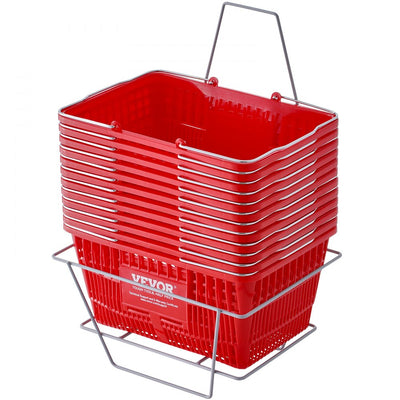 VEVOR Shopping Basket, Set of 12, 21L Durable Plastic Grocery Basket with Metal Handle and Stand, 16.73 x 12.01 x 8.58 inch Portable Shop Basket Used for Retail Store Supermarket Grocery Shopping, Red 