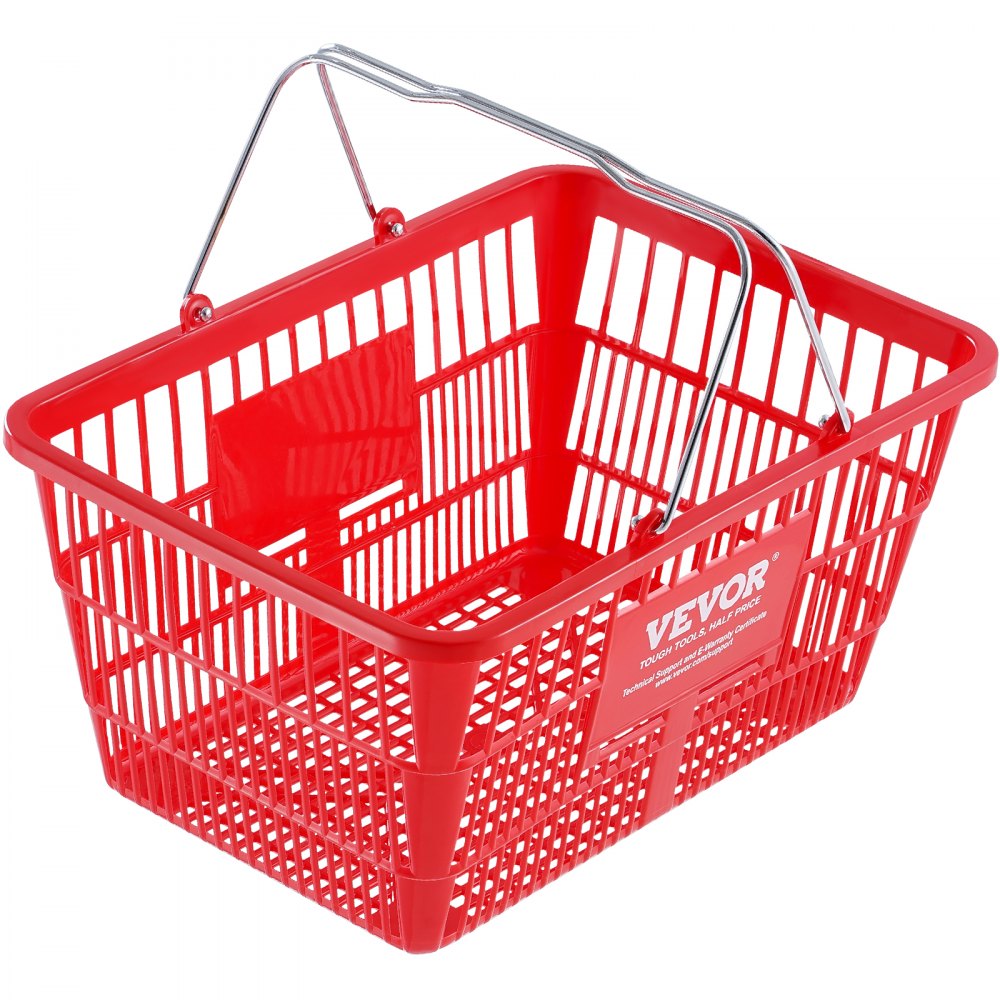 VEVOR Shopping Basket, Set of 12, 21L Durable Plastic Grocery Basket with Metal Handle and Stand, 16.73 x 12.01 x 8.58 inch Portable Shop Basket Used for Retail Store Supermarket Grocery Shopping, Red 