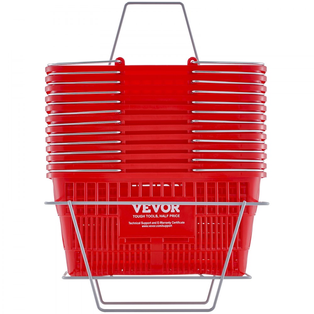 VEVOR Shopping Basket, Set of 12, 21L Durable Plastic Grocery Basket with Metal Handle and Stand, 16.73 x 12.01 x 8.58 inch Portable Shop Basket Used for Retail Store Supermarket Grocery Shopping, Red 