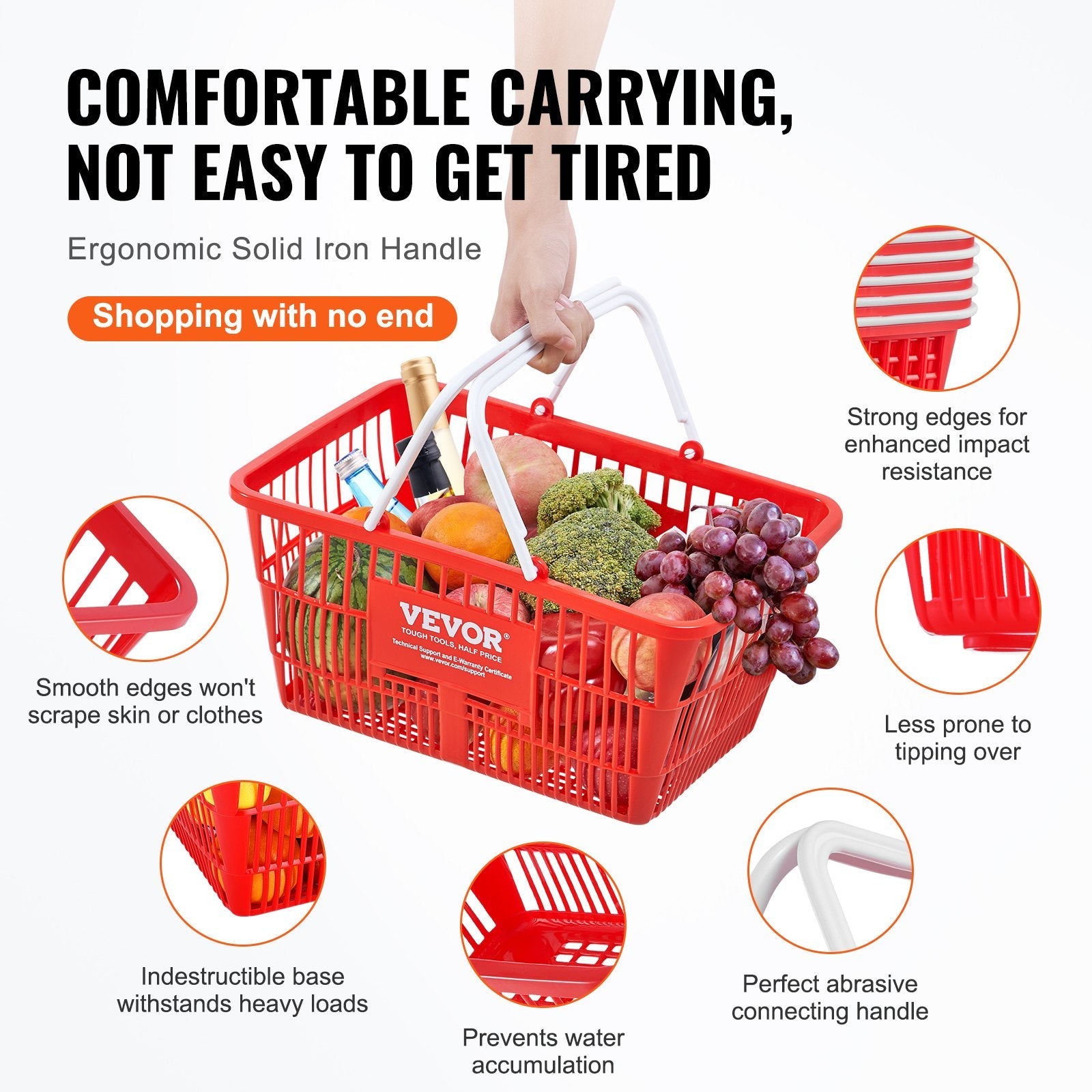 VEVOR Shopping Basket Portable Grocery Basket 12PCS 21L with Handle & Stand Red 