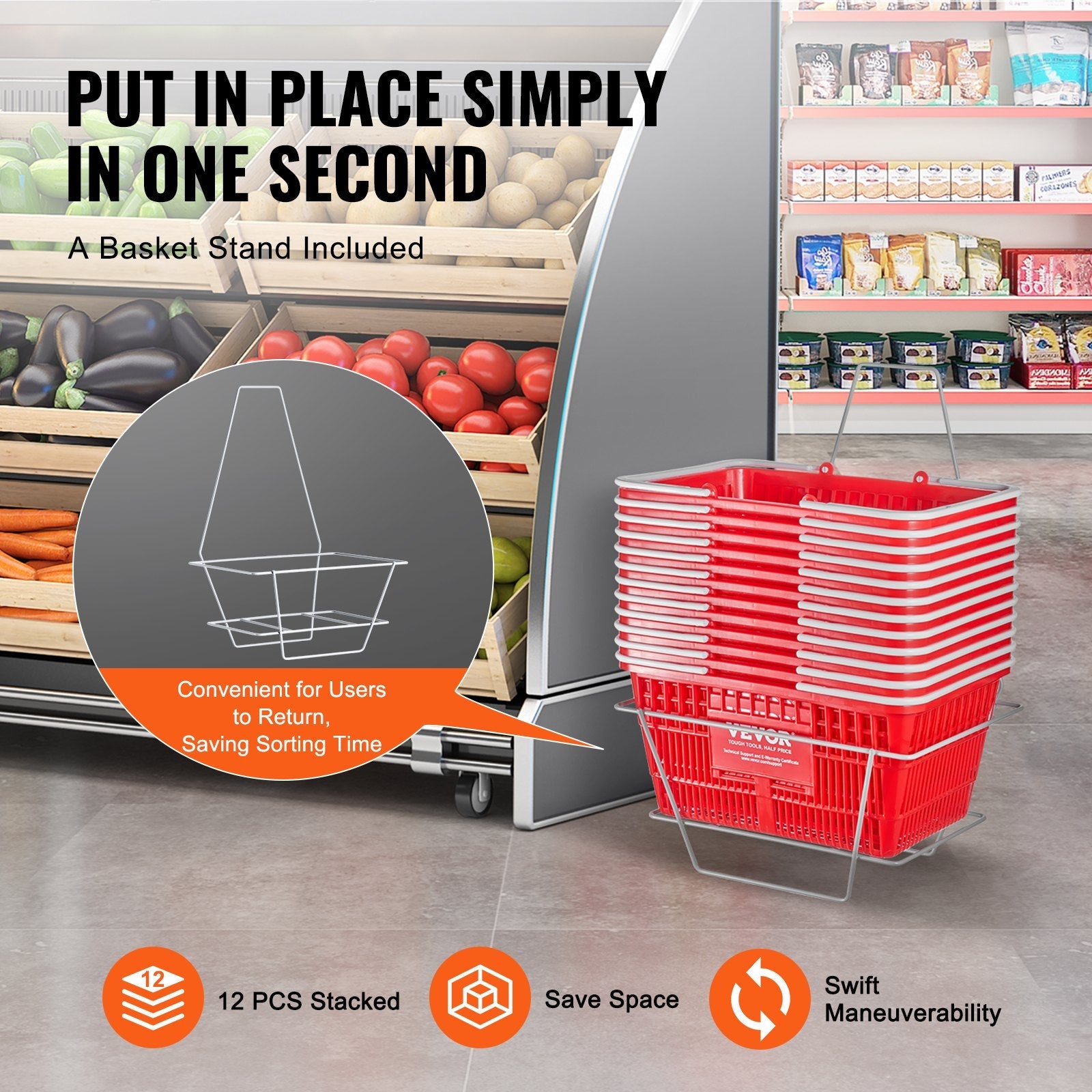 VEVOR Shopping Basket Portable Grocery Basket 12PCS 21L with Handle & Stand Red 