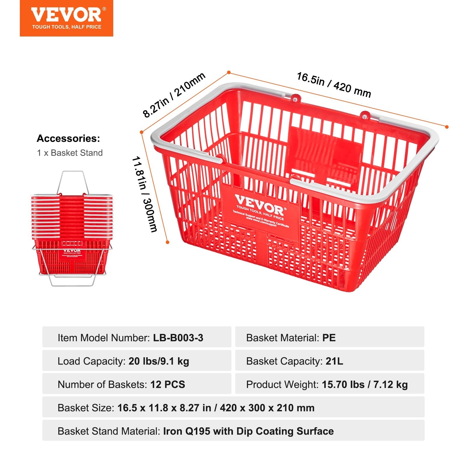 VEVOR Shopping Basket Portable Grocery Basket 12PCS 21L with Handle & Stand Red 