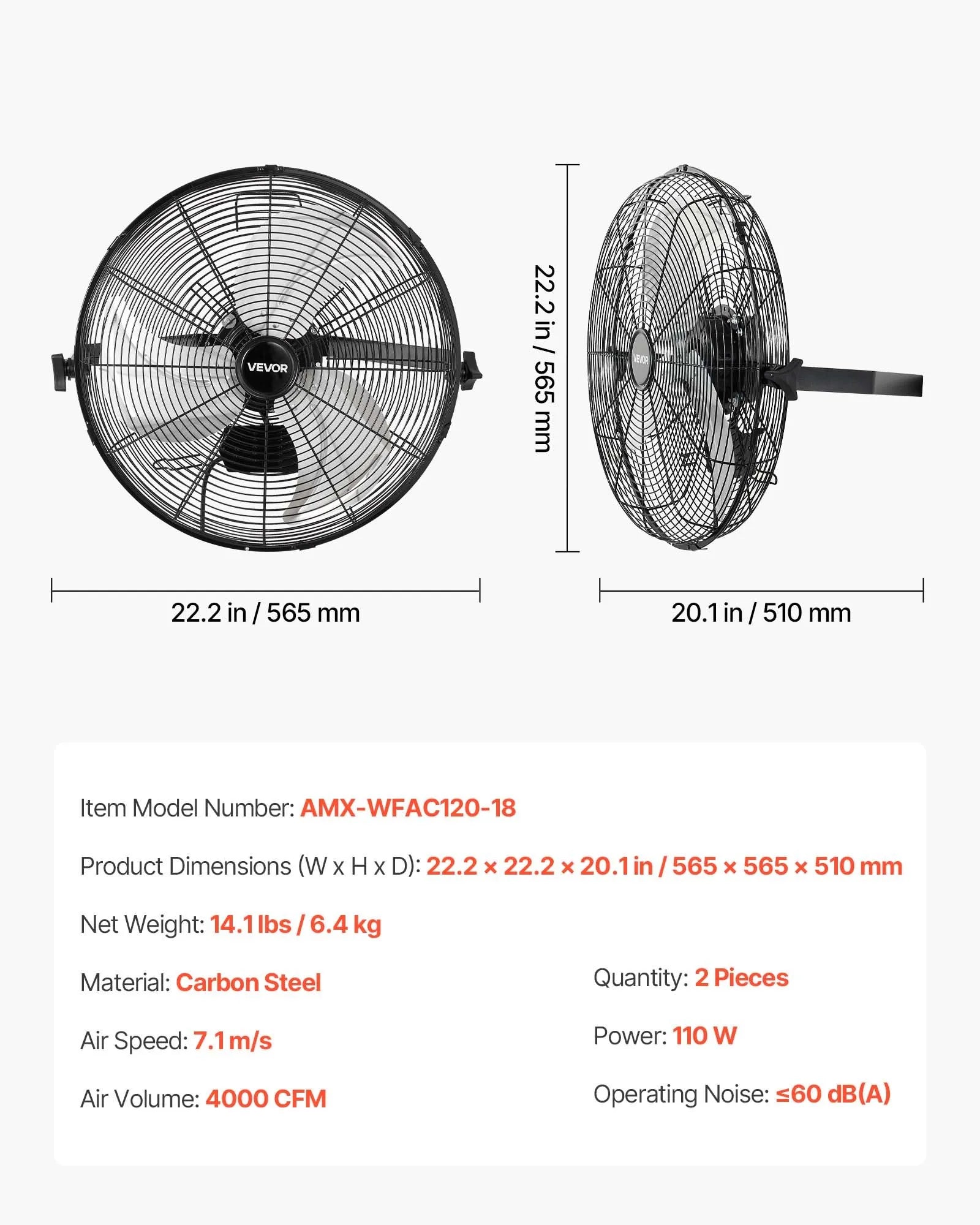 18" Wall Mount Fan 2-Pack – 3-Speed Industrial Hanging Fans, Adjustable Airflow