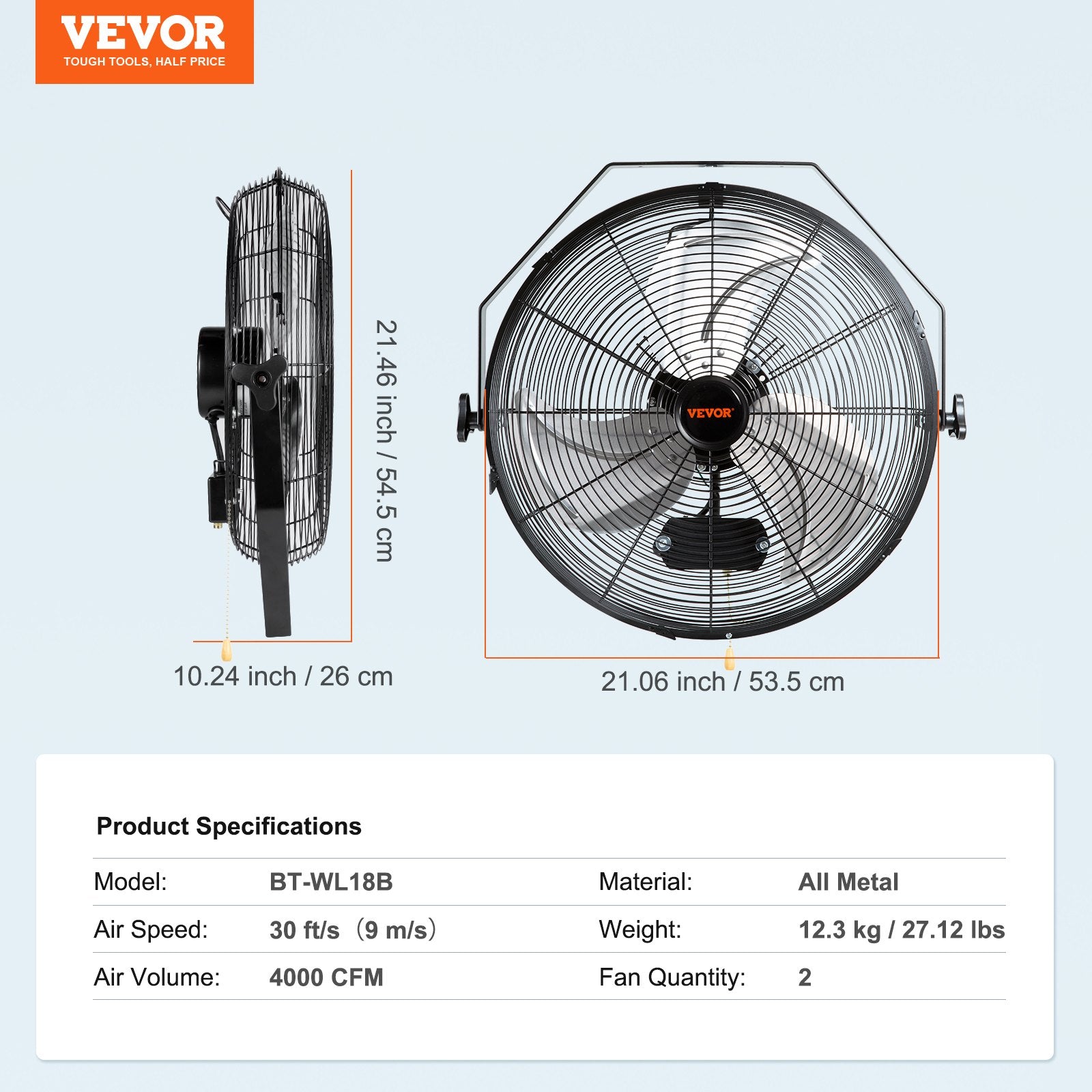VEVOR Wall Mount Fan, 2 PCS 18 inch Waterproof, 3-speed High Velocity Max. 4000 CFM Industrial Wall Fan for Indoor, Commercial, Residential, Warehouse, Greenhouse, Workshop, Basement, Garage,Black 