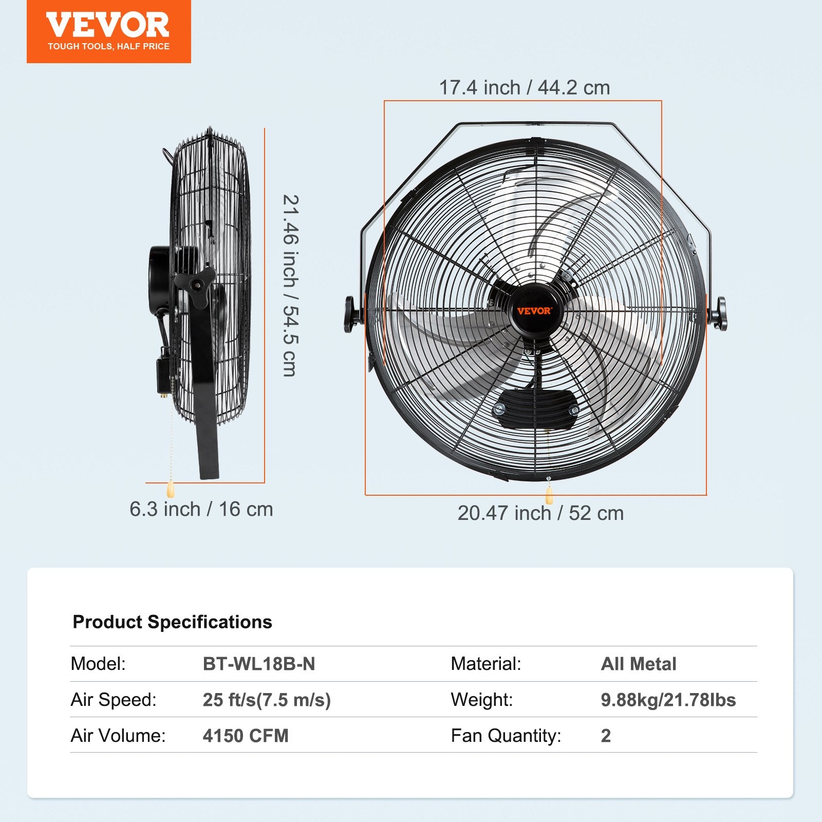 VEVOR Wall Mount Fan, 2 PCS 18 inch Manual 360-Degree Tilt Adjustment, 3-speed High Velocity Max. 4000 CFM Industrial Wall Fan for Indoor, Commercial, Warehouse, Workshop, Basement, Garage 