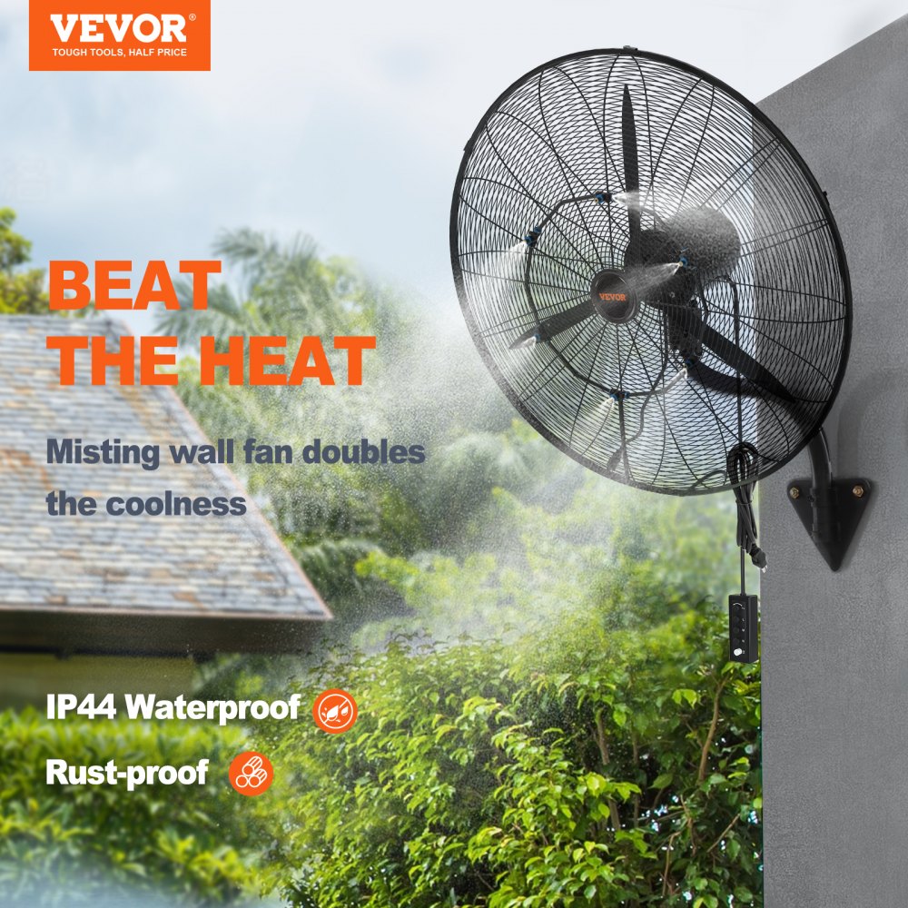 VEVOR Wall-Mount Misting Fan, 24 Inch, 3-speed High Velocity Max. 7000 CFM, Waterproof Oscillating Industrial Wall Fan, Commercial or Residential for Warehouse, Greenhouse, Workshop, Black, ETL Listed 