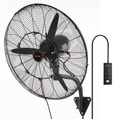 VEVOR Wall-Mount Misting Fan, 24 Inch, 3-speed High Velocity Max. 7000 CFM, Waterproof Oscillating Industrial Wall Fan, Commercial or Residential for Warehouse, Greenhouse, Workshop, Black, ETL Listed 