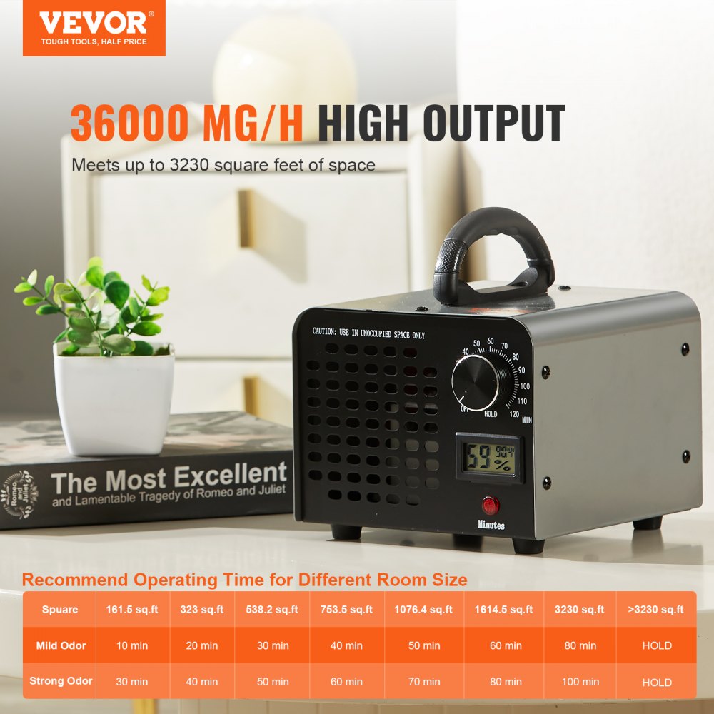 VEVOR Ozone Generator, 36000mg/h Ozone Machine Odor Remover, High Capacity Commercial/Industrial Ozone Generator Machine, Home Air Ionizers Deodorizer with 0-120 min Time Setting for Rooms, Cars, Pets 