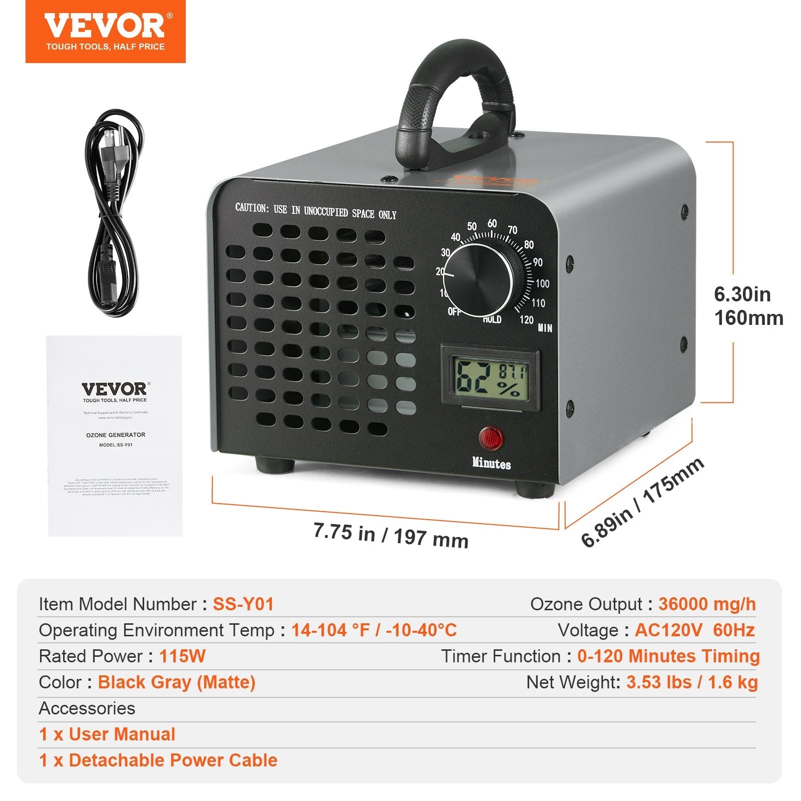VEVOR Ozone Generator, 36000mg/h Ozone Machine Odor Remover, High Capacity Commercial/Industrial Ozone Generator Machine, Home Air Ionizers Deodorizer with 0-120 min Time Setting for Rooms, Cars, Pets 