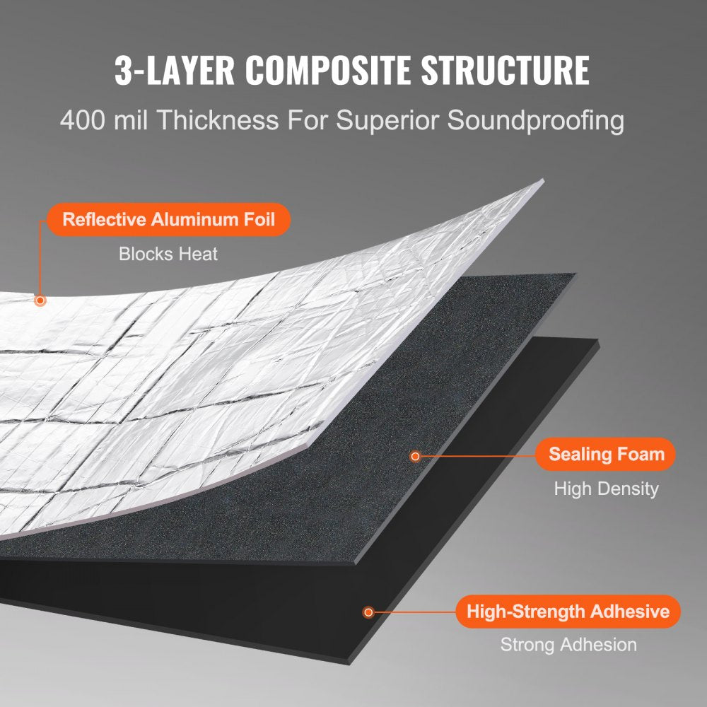 VEVOR Car Sound Deadening Mat, 400 mil 16 sqft Automotive Sound Deadener, High Density Foam Sound Deadener Material & Heat Barrier, Double Layer Waterproof Structure Acoustic Insulation Mat 