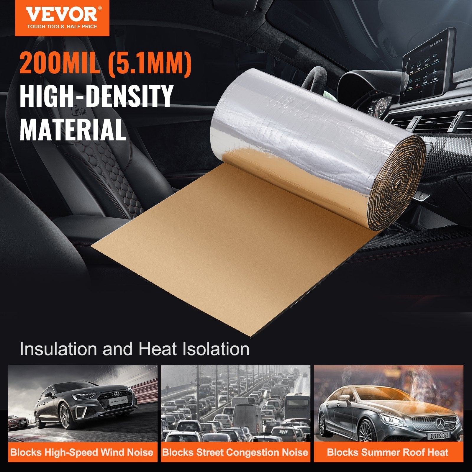 VEVOR Car Sound Deadening Mat, 200 mil 36 sqft Automotive Sound Deadener, High Density Foam Sound Deadener Material & Heat Barrier, Double Layer Waterproof Structure Acoustic Insulation Mat 