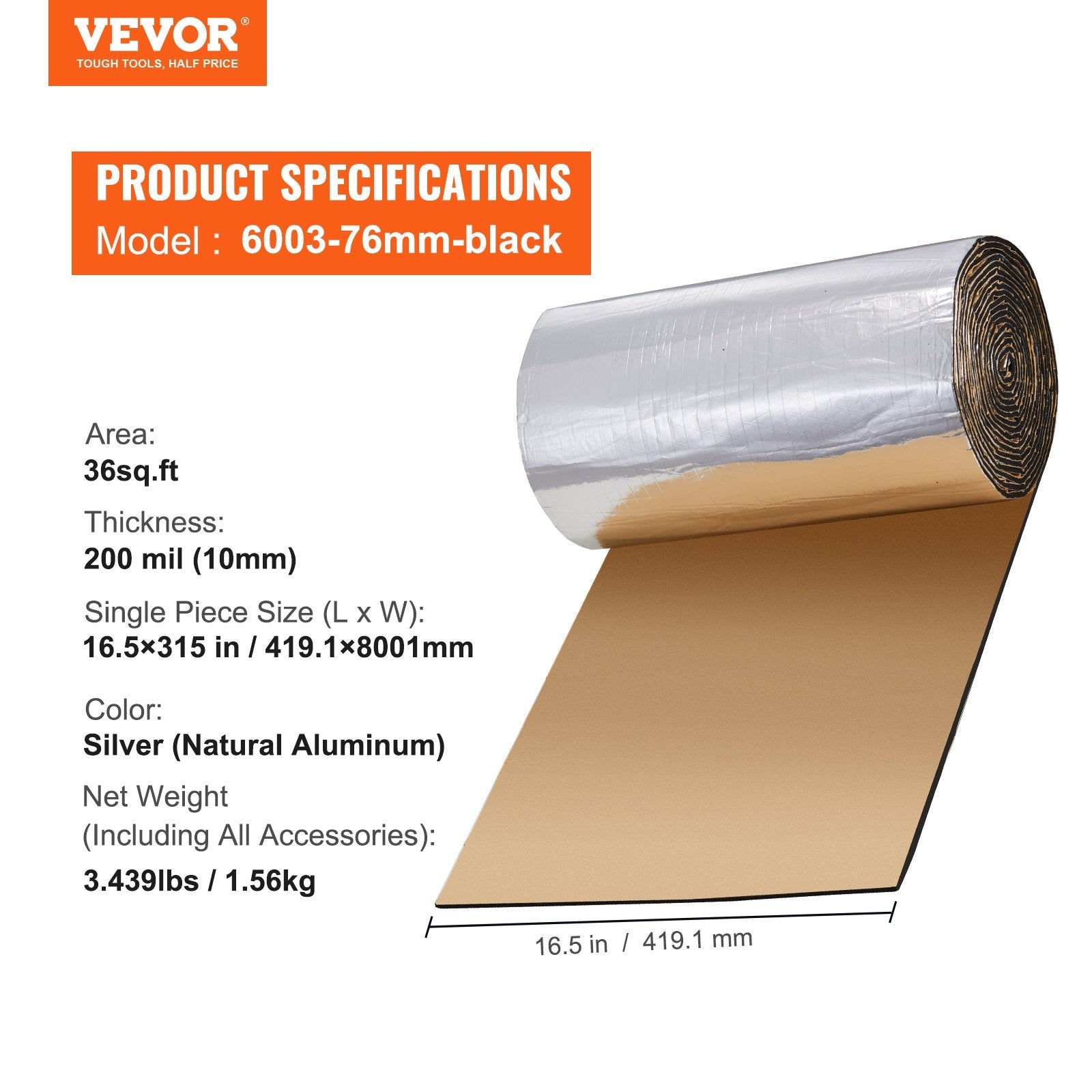 VEVOR Car Sound Deadening Mat, 200 mil 36 sqft Automotive Sound Deadener, High Density Foam Sound Deadener Material & Heat Barrier, Double Layer Waterproof Structure Acoustic Insulation Mat 
