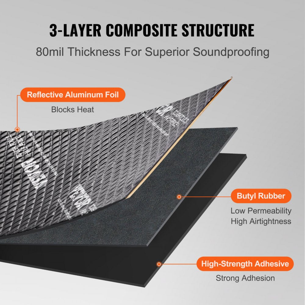 VEVOR Car Sound Deadening Mat, 80 mil 10 sqft Car Sound Dampening Material, Butyl Automotive Sound Deadener, Noise Insulation and Vibration Dampening Material for Car 