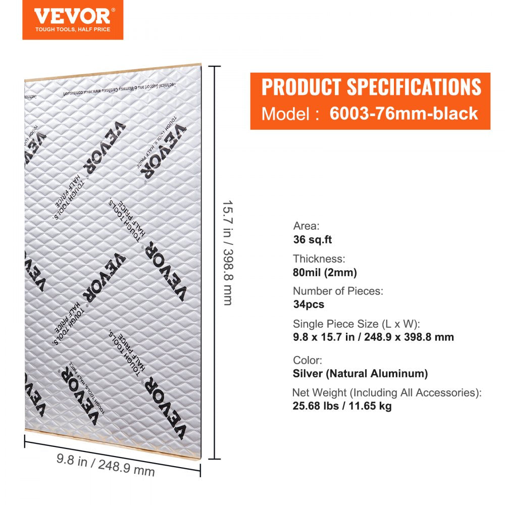 VEVOR Car Sound Deadening Mat, 80 mil 36 sqft Car Sound Dampening Material, Butyl Automotive Sound Deadener, Noise Insulation and Vibration Dampening Material for Car 