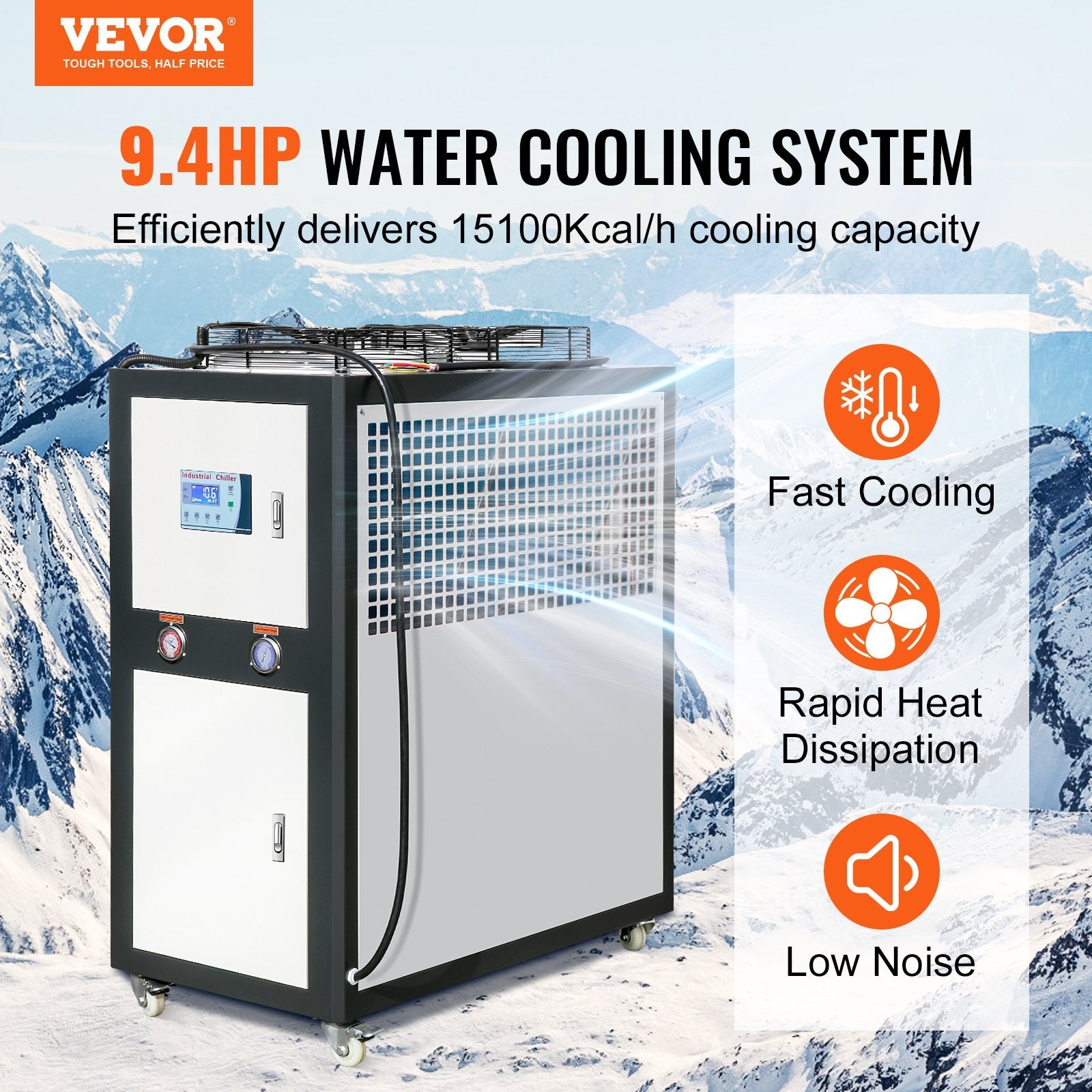 VEVOR Industrial Water Chiller, 9.4HP 16 Gal Air-Cooled Industrial Water Chiller, 15,100 Kcal/h Cooling Capacity with Finned Condenser Micro-Computer Control 60L Water Tank, for Cooling Water 