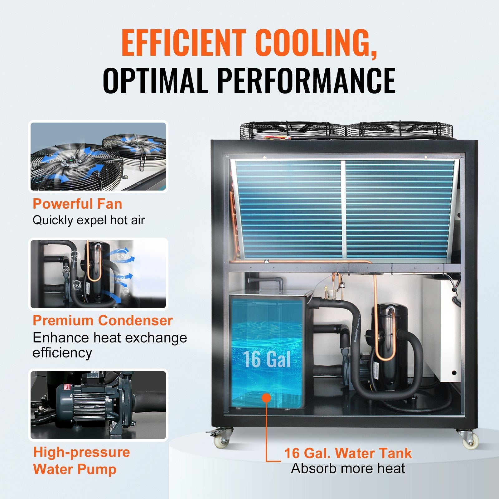 VEVOR Industrial Water Chiller, 9.4HP 16 Gal Air-Cooled Industrial Water Chiller, 15,100 Kcal/h Cooling Capacity with Finned Condenser Micro-Computer Control 60L Water Tank, for Cooling Water 