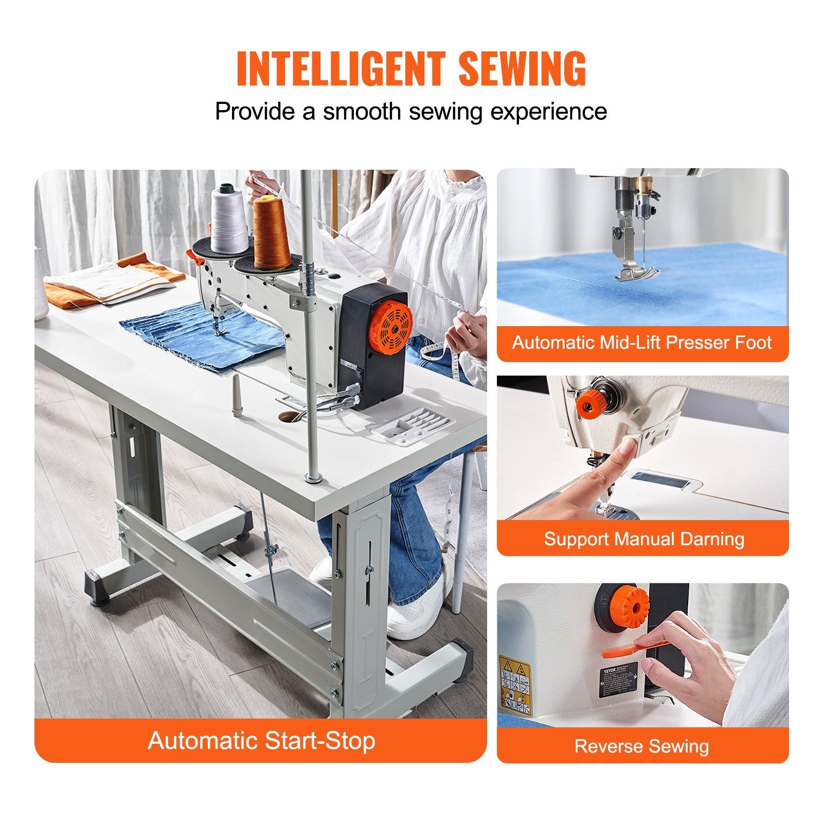 VEVOR Industrial Sewing Machine, 5000s.p.m Heavy-duty Lockstitch Sewing Machine with 550W Servo Motor and Table Stand, Electro-mechanization Intelligent Start-stop, Clear Control Panel for Easy Use 