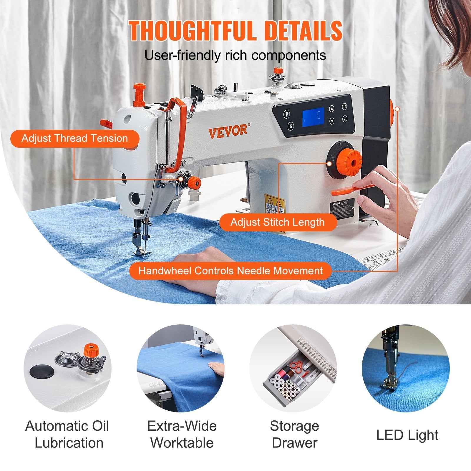 VEVOR Industrial Sewing Machine, 5000s.p.m Heavy-duty Lockstitch Sewing Machine with 550W Servo Motor and Table Stand, Electro-mechanization Intelligent Start-stop, Clear Control Panel for Easy Use 