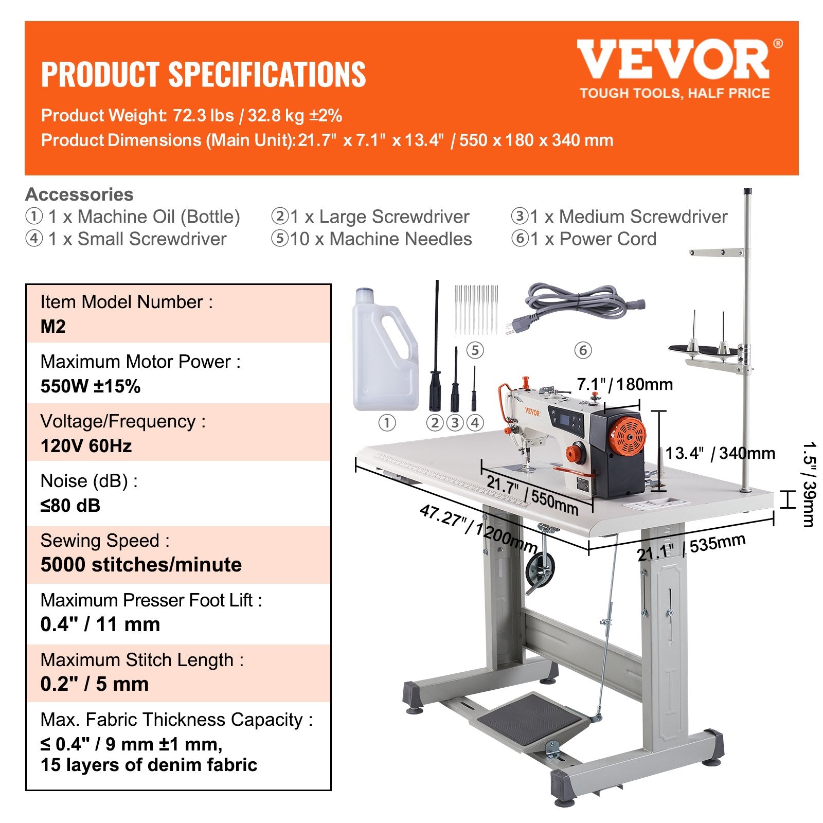 VEVOR Industrial Sewing Machine, 5000s.p.m Heavy-duty Lockstitch Sewing Machine with 550W Servo Motor and Table Stand, Electro-mechanization Intelligent Start-stop, Clear Control Panel for Easy Use 