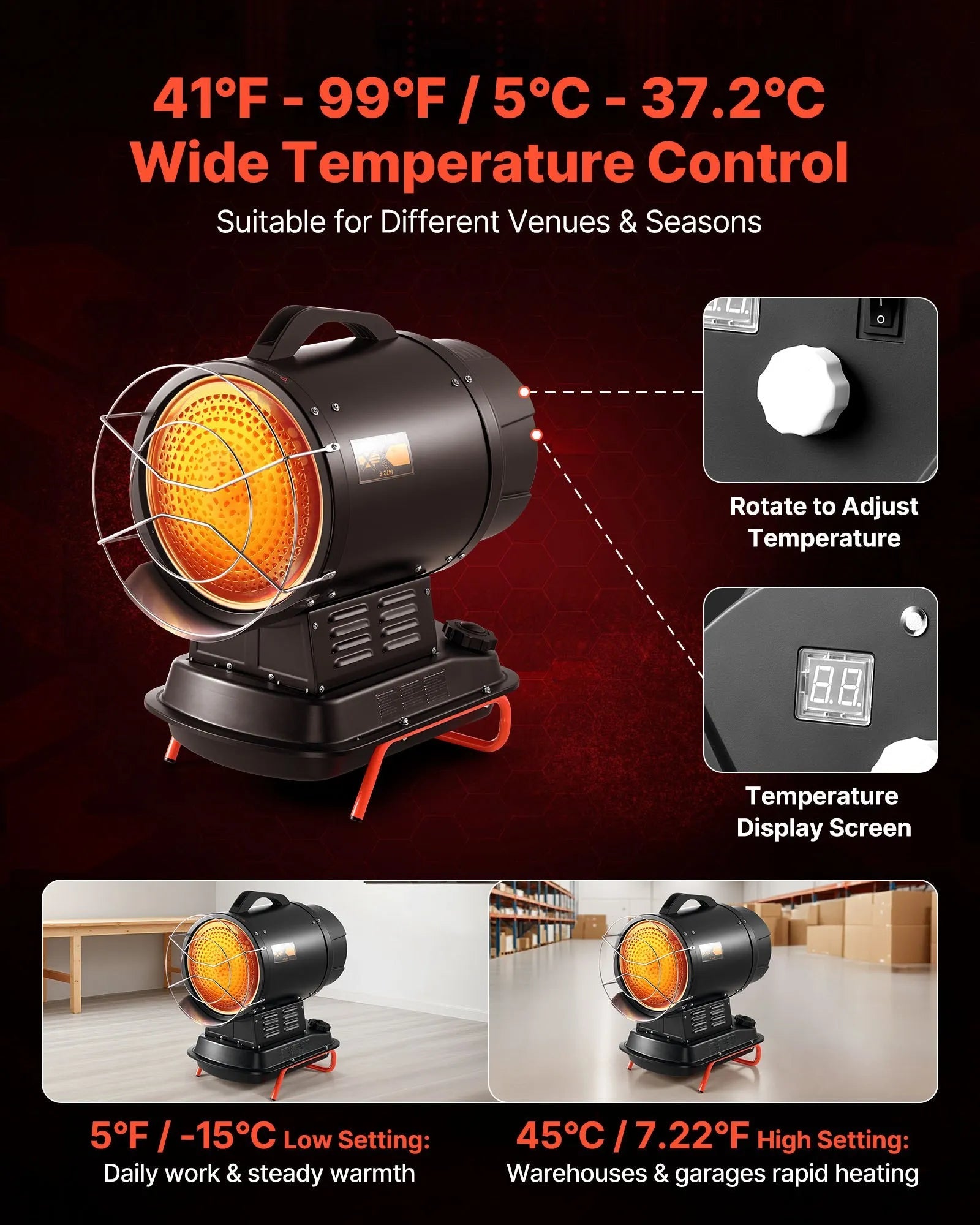 VEVOR 70,000 BTU Radiant Kerosene Diesel Heater – Portable Industrial Space Heater with Adjustable Temperature & Handle for Garage, Jobsite, Workshop, and Warehouse Heating 
