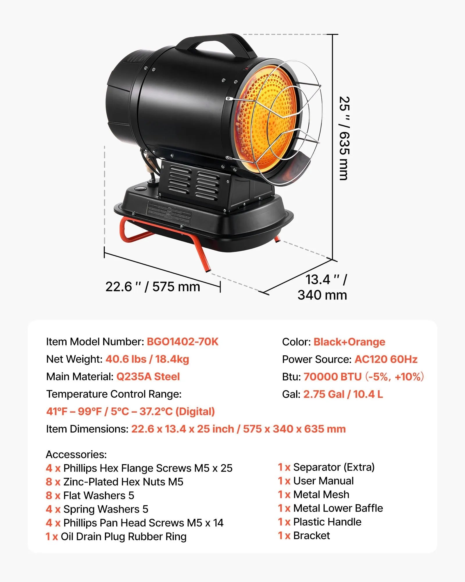 VEVOR 70,000 BTU Radiant Kerosene Diesel Heater – Portable Industrial Space Heater with Adjustable Temperature & Handle for Garage, Jobsite, Workshop, and Warehouse Heating 