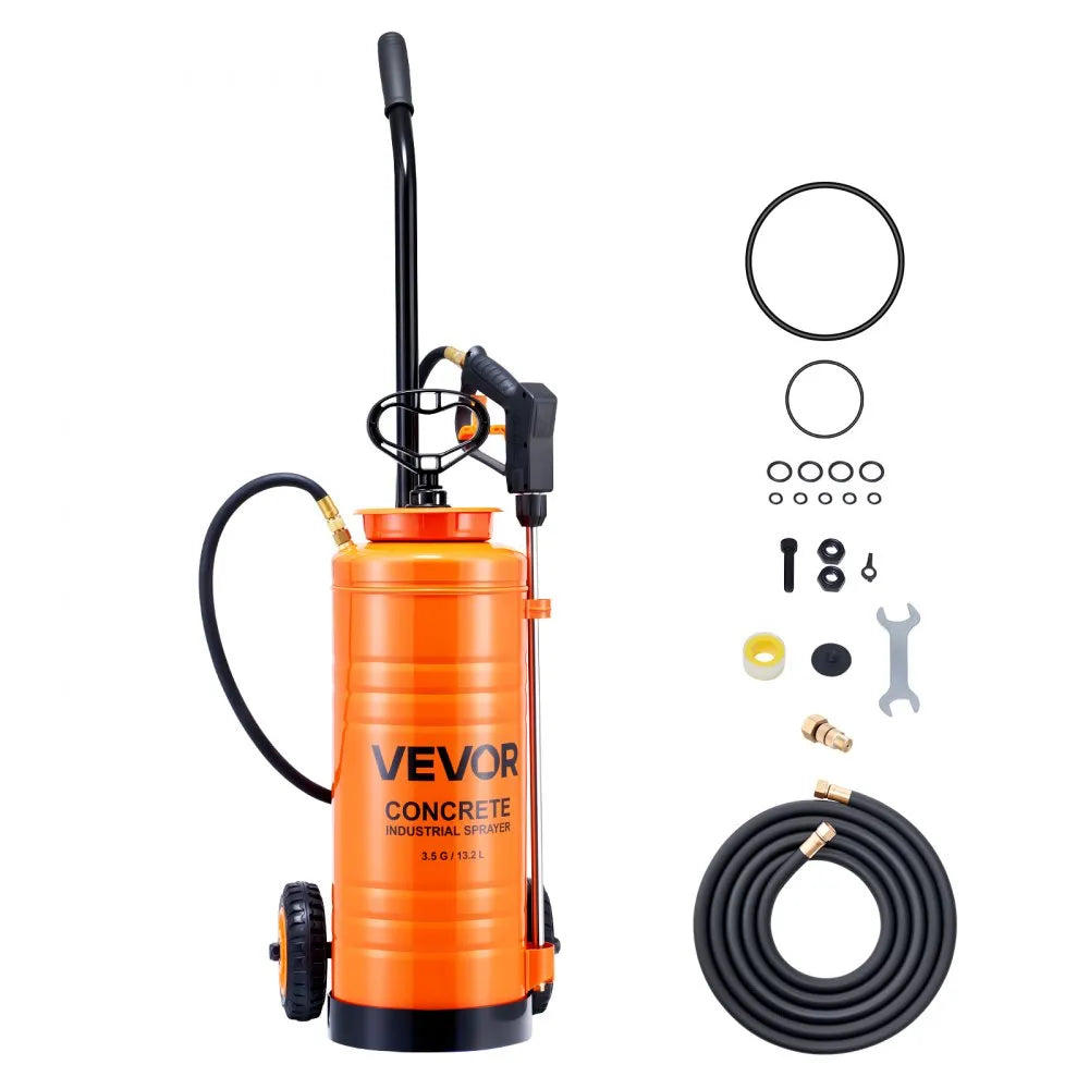 3.5 Gallon Stainless Steel Pump Sprayer with Wheeled Cart, 60 PSI, Brass Wand & Extended Hoses – Orange