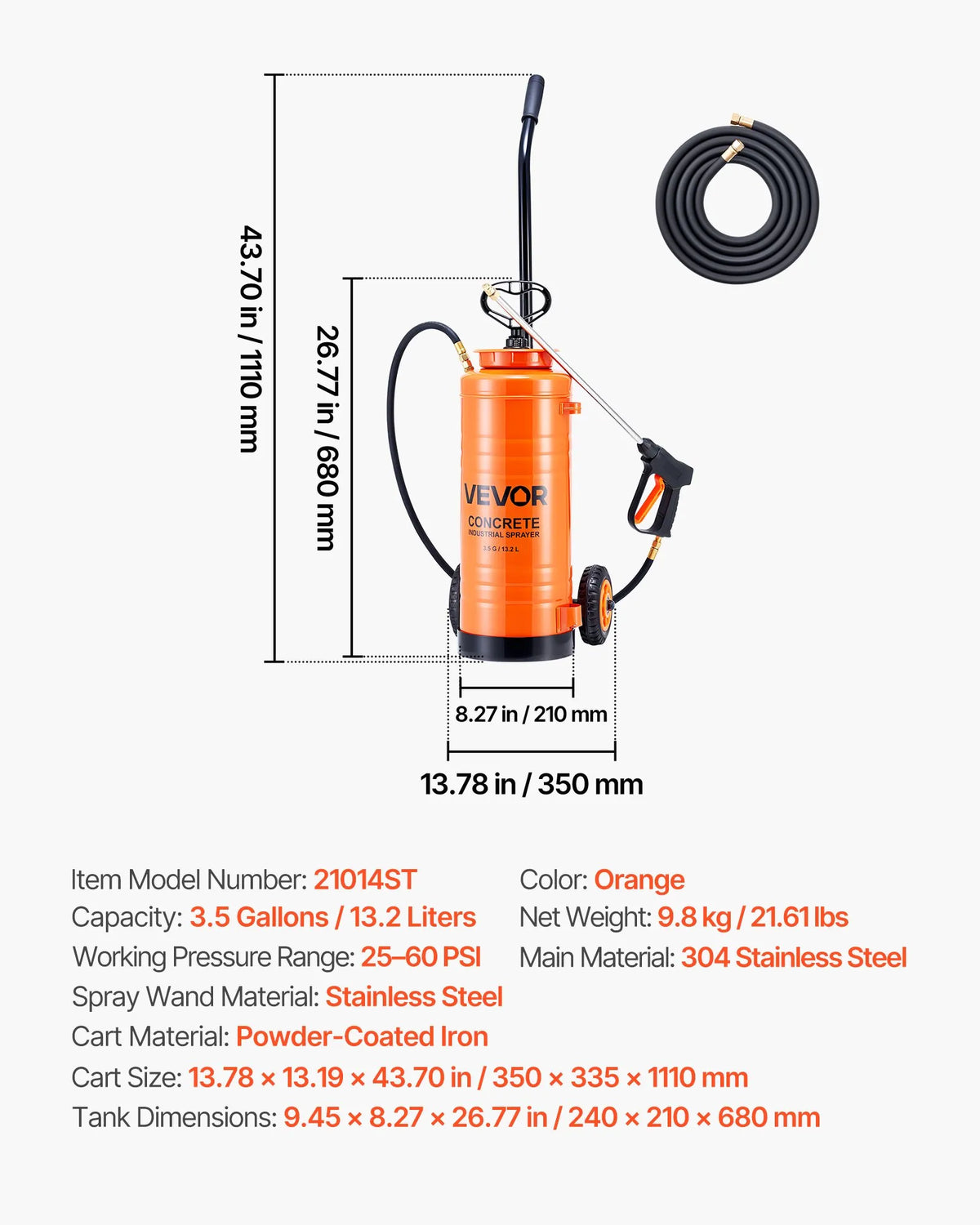 3.5 Gallon Stainless Steel Pump Sprayer with Wheeled Cart, 60 PSI, Brass Wand & Extended Hoses – Orange