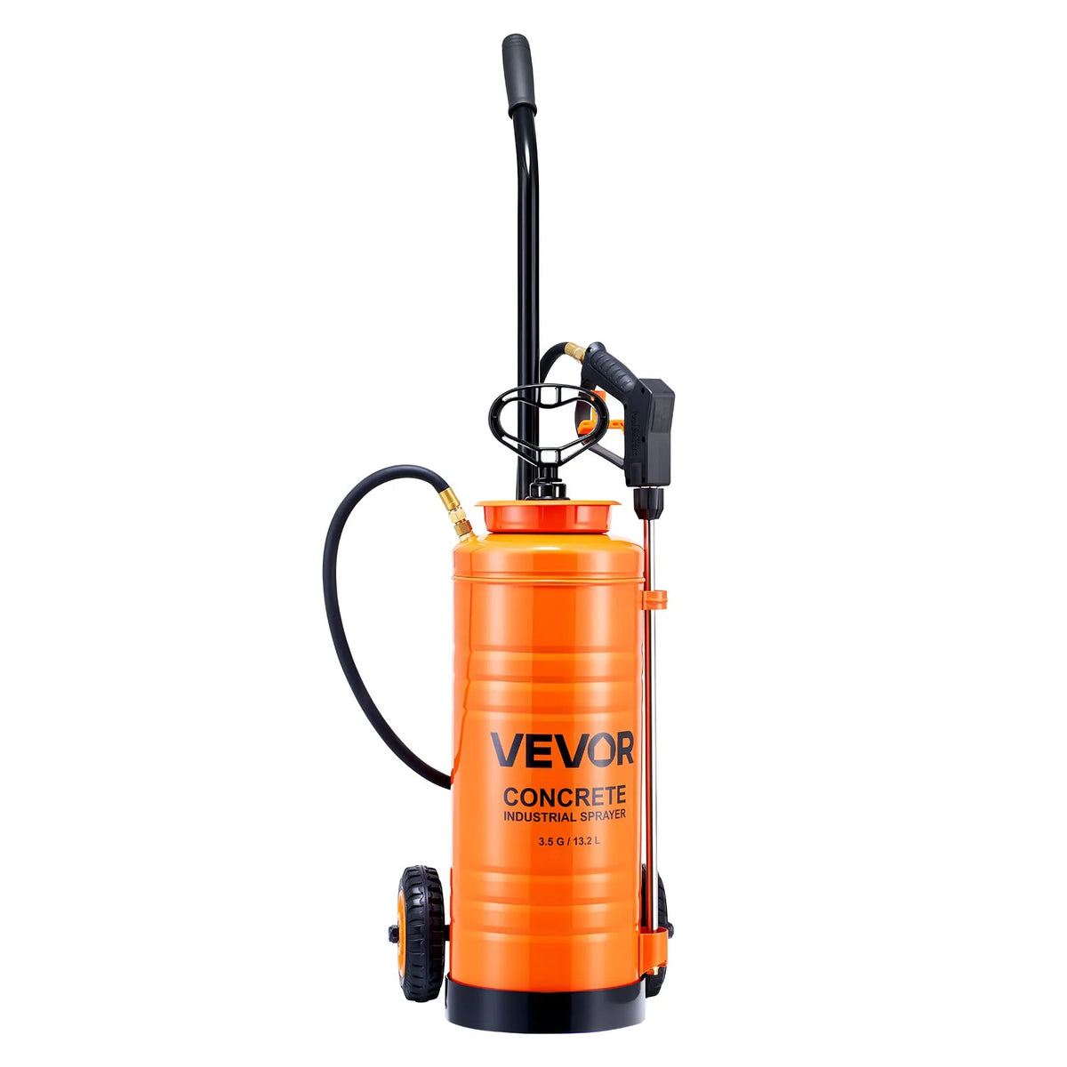 3.5 Gallon Stainless Steel Pump Sprayer with Wheeled Cart, 60 PSI, Brass Wand & Extended Hoses – Orange