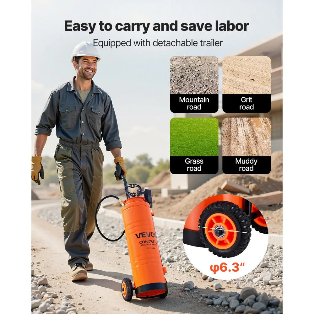 VEVOR Industrial Concrete Sprayer with Wheeled Cart, 5 Gallon Stainless Steel Sprayer, Heavy Duty Tri-Poxy Pump Sprayers, 20.5''Wand, 48" & 120" Hoses, 2 Brass Nozzles for Construction, Lawn & Garden 