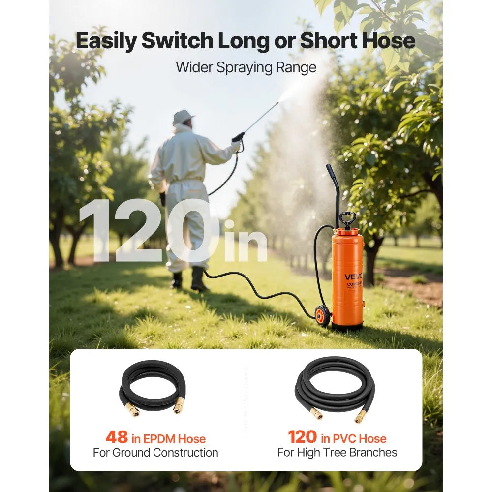 VEVOR Industrial Concrete Sprayer with Wheeled Cart, 5 Gallon Stainless Steel Sprayer, Heavy Duty Tri-Poxy Pump Sprayers, 20.5''Wand, 48" & 120" Hoses, 2 Brass Nozzles for Construction, Lawn & Garden 