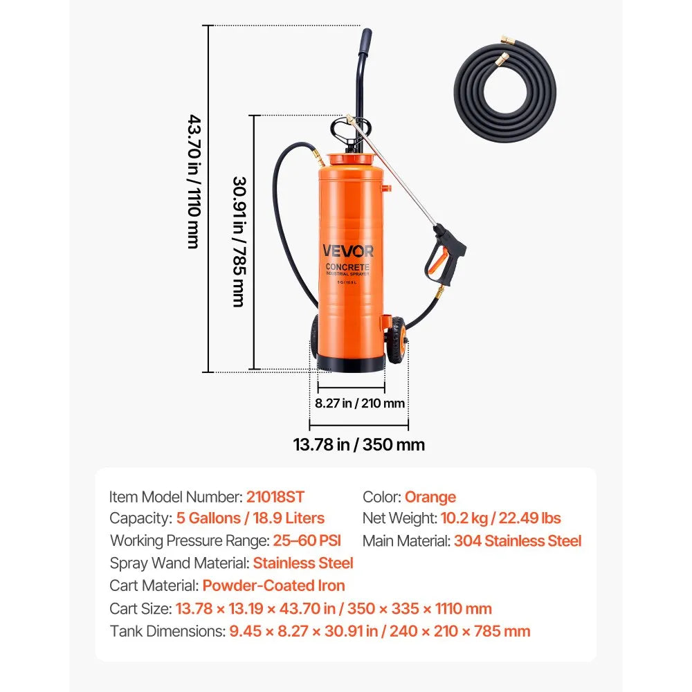 VEVOR Industrial Concrete Sprayer with Wheeled Cart, 5 Gallon Stainless Steel Sprayer, Heavy Duty Tri-Poxy Pump Sprayers, 20.5''Wand, 48" & 120" Hoses, 2 Brass Nozzles for Construction, Lawn & Garden 