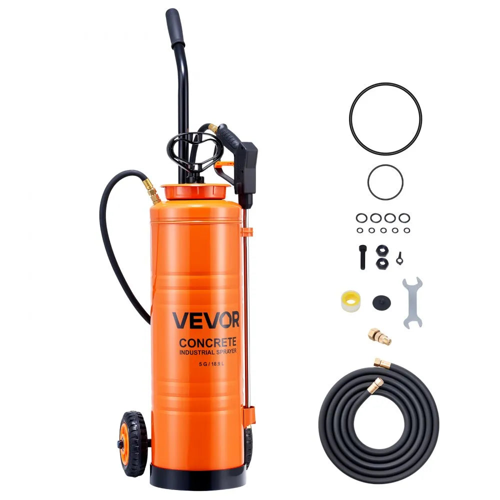 VEVOR Industrial Concrete Sprayer with Wheeled Cart, 5 Gallon Stainless Steel Sprayer, Heavy Duty Tri-Poxy Pump Sprayers, 20.5''Wand, 48" & 120" Hoses, 2 Brass Nozzles for Construction, Lawn & Garden 