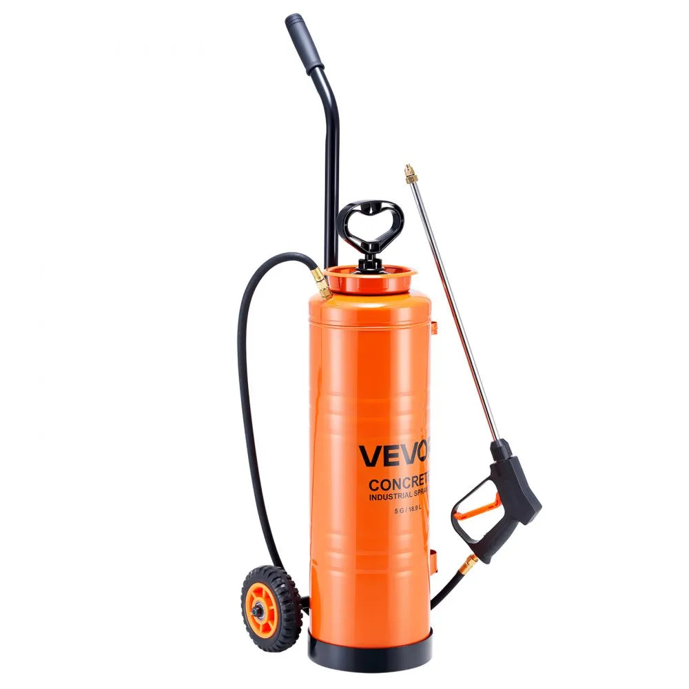 VEVOR Industrial Concrete Sprayer with Wheeled Cart, 5 Gallon Stainless Steel Sprayer, Heavy Duty Tri-Poxy Pump Sprayers, 20.5''Wand, 48" & 120" Hoses, 2 Brass Nozzles for Construction, Lawn & Garden 