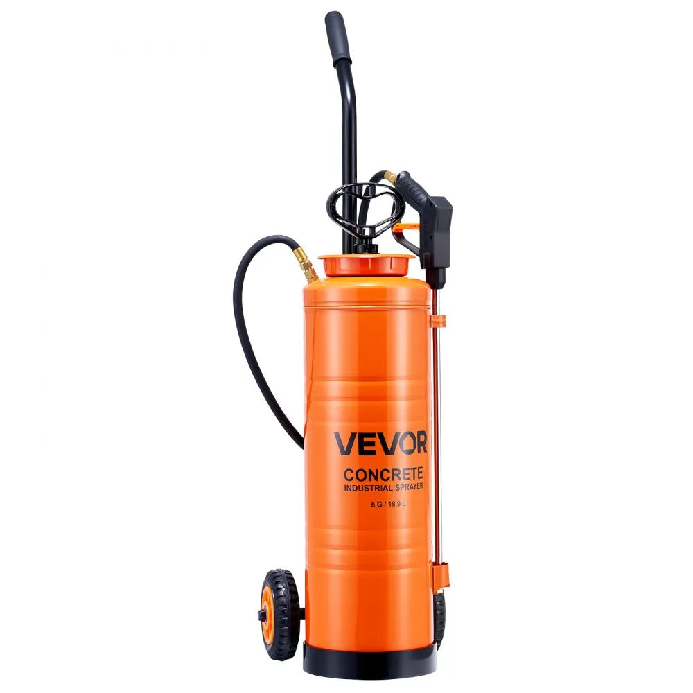 VEVOR Industrial Concrete Sprayer with Wheeled Cart, 5 Gallon Stainless Steel Sprayer, Heavy Duty Tri-Poxy Pump Sprayers, 20.5''Wand, 48" & 120" Hoses, 2 Brass Nozzles for Construction, Lawn & Garden 