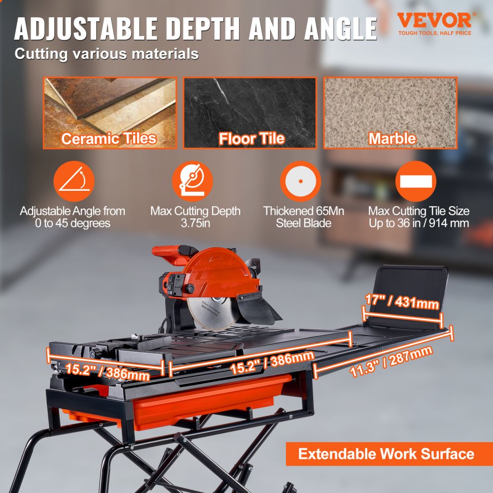 VEVOR Wet Tile Saw with Stand, 10-inch 65Mn Steel Blade, 4500 RPM Motor, Tile Cutter Wet Saw with Water Reservoir and Casters, 0-45 Degrees Miter Angle for Cutting Tiles, Floor Tiles, and Stones 