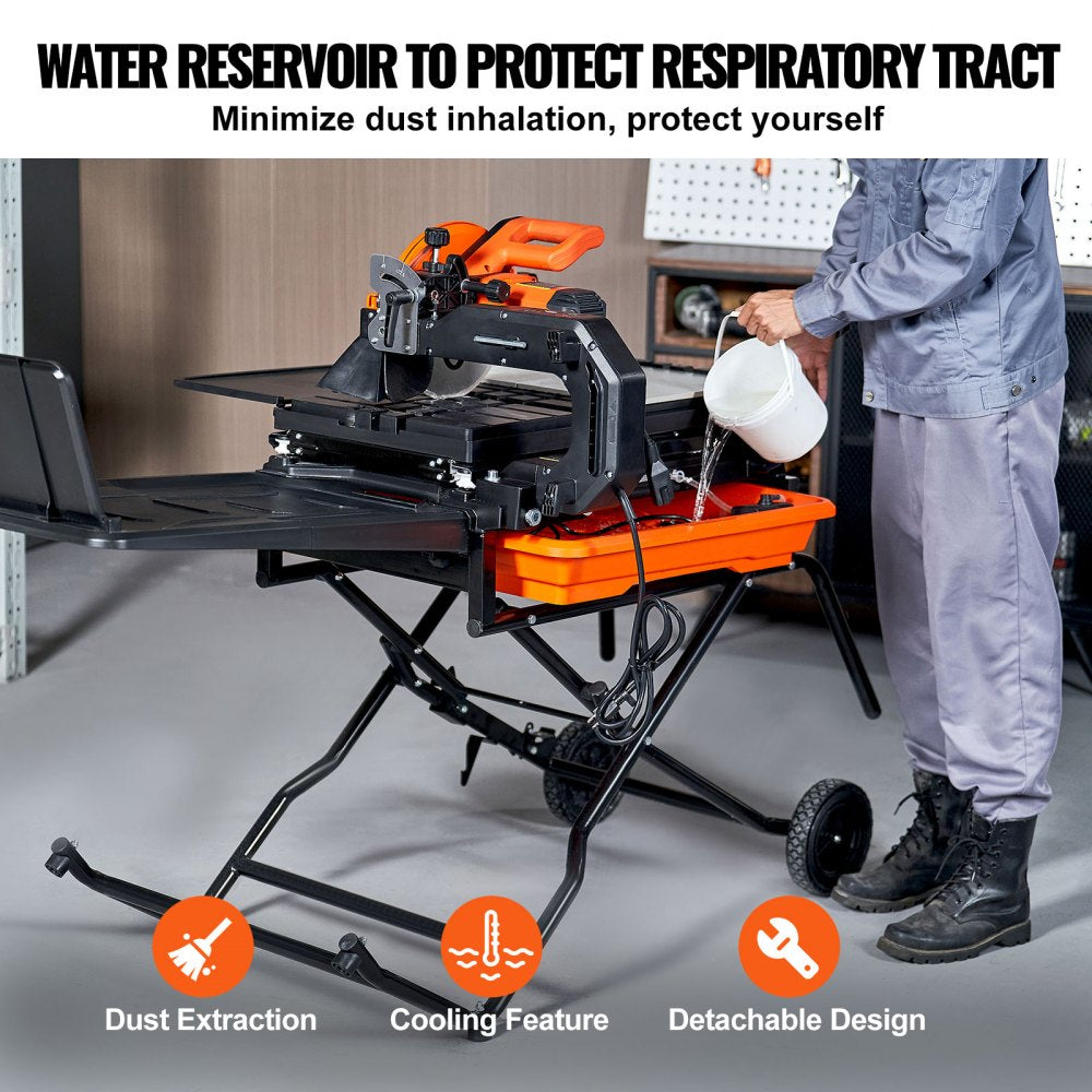 VEVOR Wet Tile Saw with Stand, 10-inch 65Mn Steel Blade, 4500 RPM Motor, Tile Cutter Wet Saw with Water Reservoir and Casters, 0-45 Degrees Miter Angle for Cutting Tiles, Floor Tiles, and Stones 