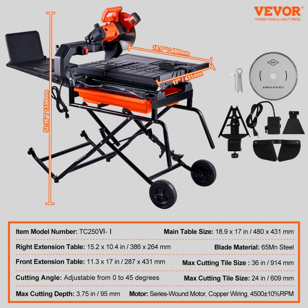 VEVOR Wet Tile Saw with Stand, 10-inch 65Mn Steel Blade, 4500 RPM Motor, Tile Cutter Wet Saw with Water Reservoir and Casters, 0-45 Degrees Miter Angle for Cutting Tiles, Floor Tiles, and Stones 