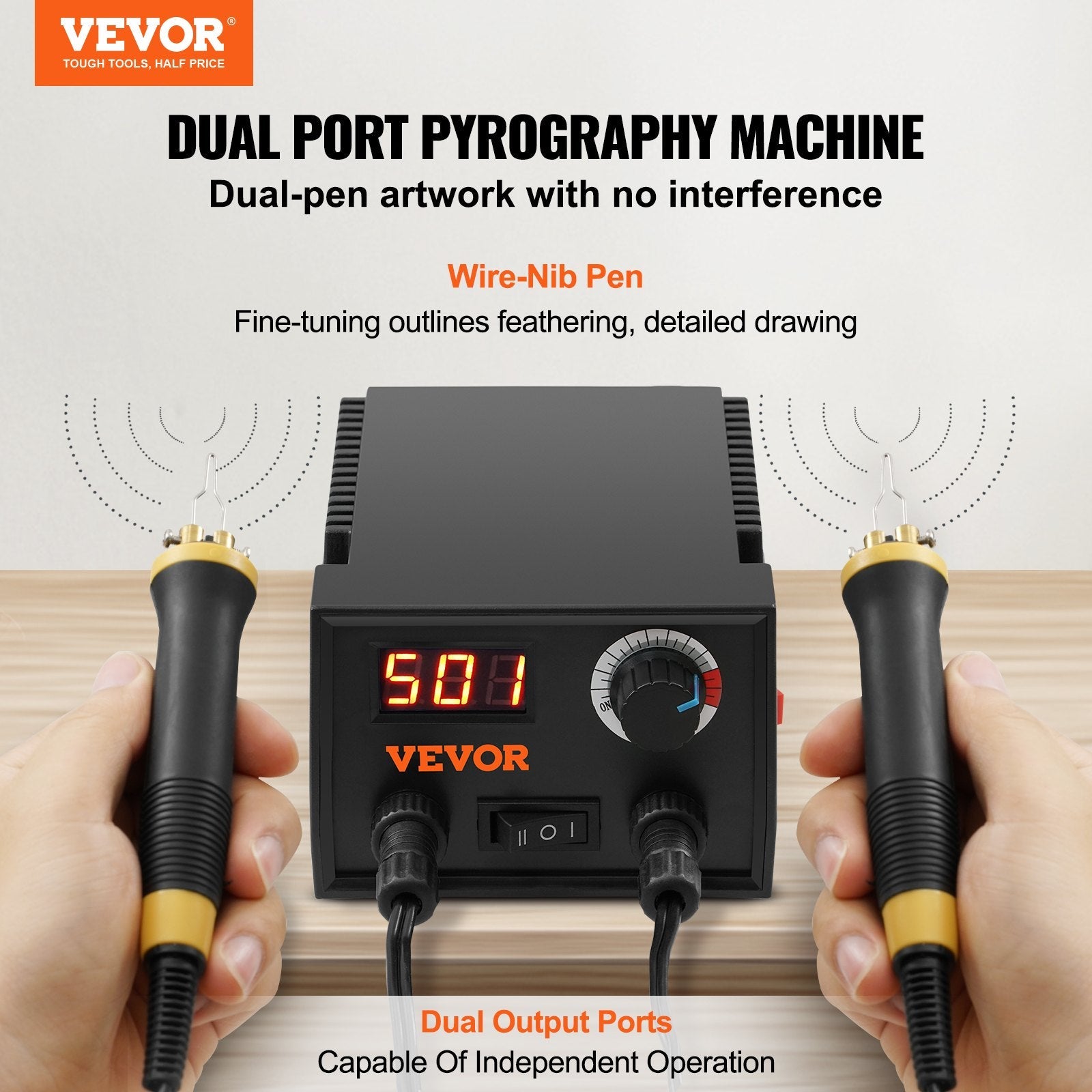 VEVOR Wood Burning Kit, 200~700°C Adjustable Temperature with Display, Dual Output Port with 2 Pyrography Pens, 23 Wire Nibs, 1 Pen Holder, 4 Wood Chip, 1 Screwdriver, 1 Tweezers, 1 Knife, 1 Sponge 
