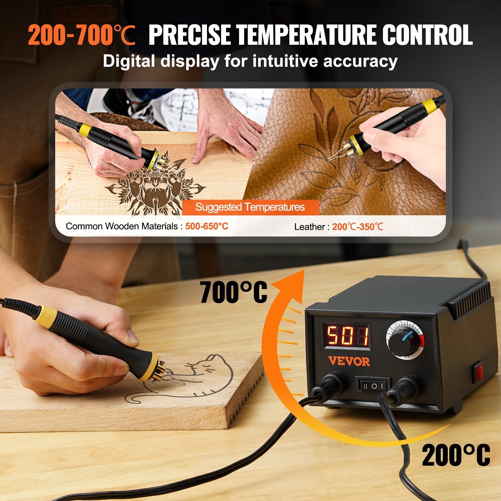 VEVOR Wood Burning Kit, 200~700°C Adjustable Temperature with Display, Dual Output Port with 2 Pyrography Pens, 23 Wire Nibs, 1 Pen Holder, 4 Wood Chip, 1 Screwdriver, 1 Tweezers, 1 Knife, 1 Sponge 