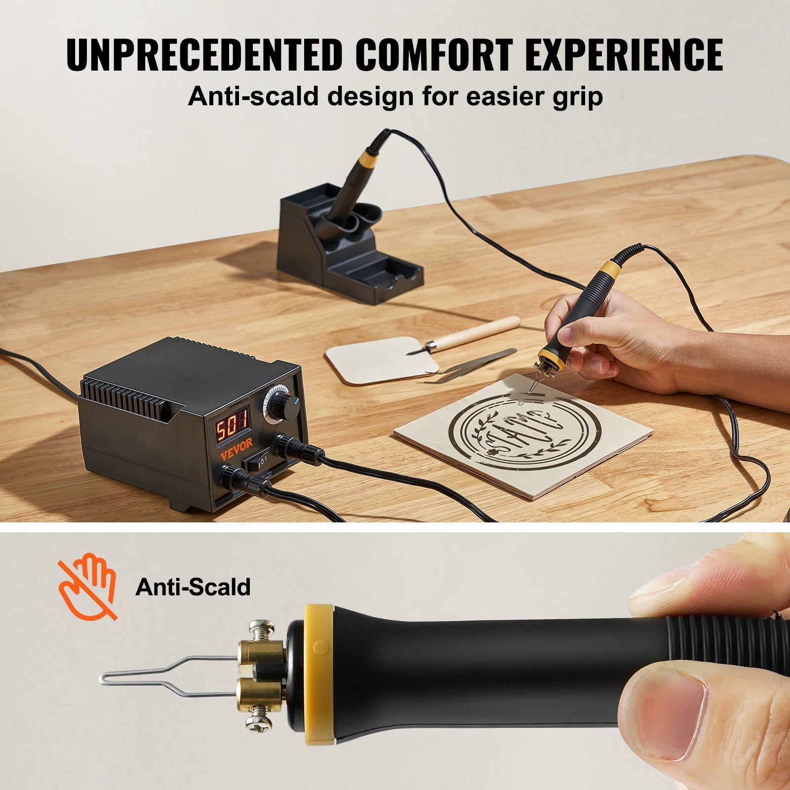 VEVOR Wood Burning Kit, 200~700°C Adjustable Temperature with Display, Dual Output Port with 2 Pyrography Pens, 23 Wire Nibs, 1 Pen Holder, 4 Wood Chip, 1 Screwdriver, 1 Tweezers, 1 Knife, 1 Sponge 