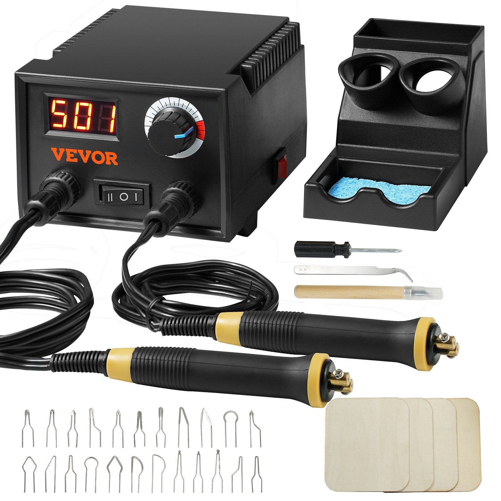 VEVOR Wood Burning Kit, 200~700°C Adjustable Temperature with Display, Dual Output Port with 2 Pyrography Pens, 23 Wire Nibs, 1 Pen Holder, 4 Wood Chip, 1 Screwdriver, 1 Tweezers, 1 Knife, 1 Sponge 