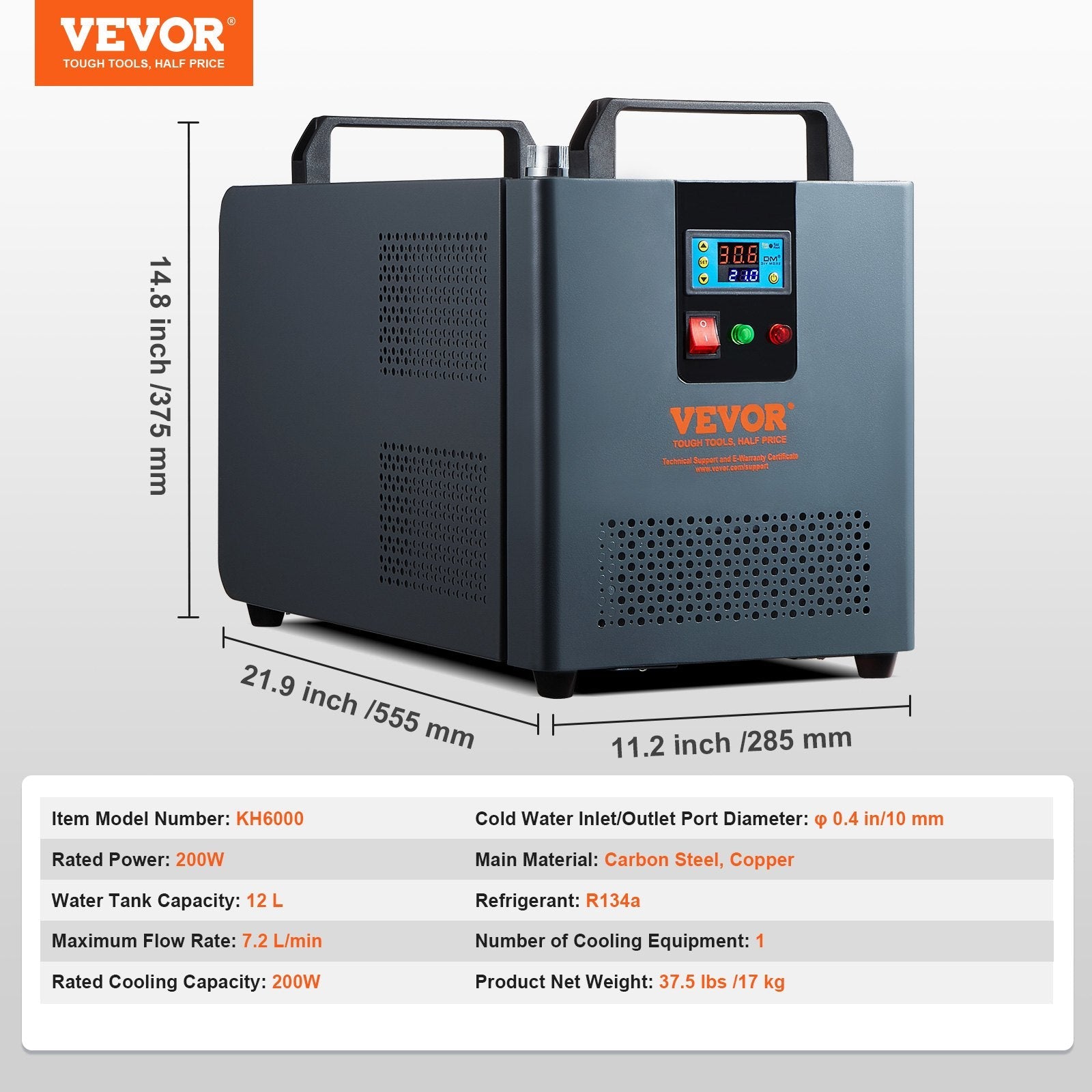 VEVOR Industrial Water Chiller KH-6000 12 L 7.8 L/min Laser Chiller Compressor 