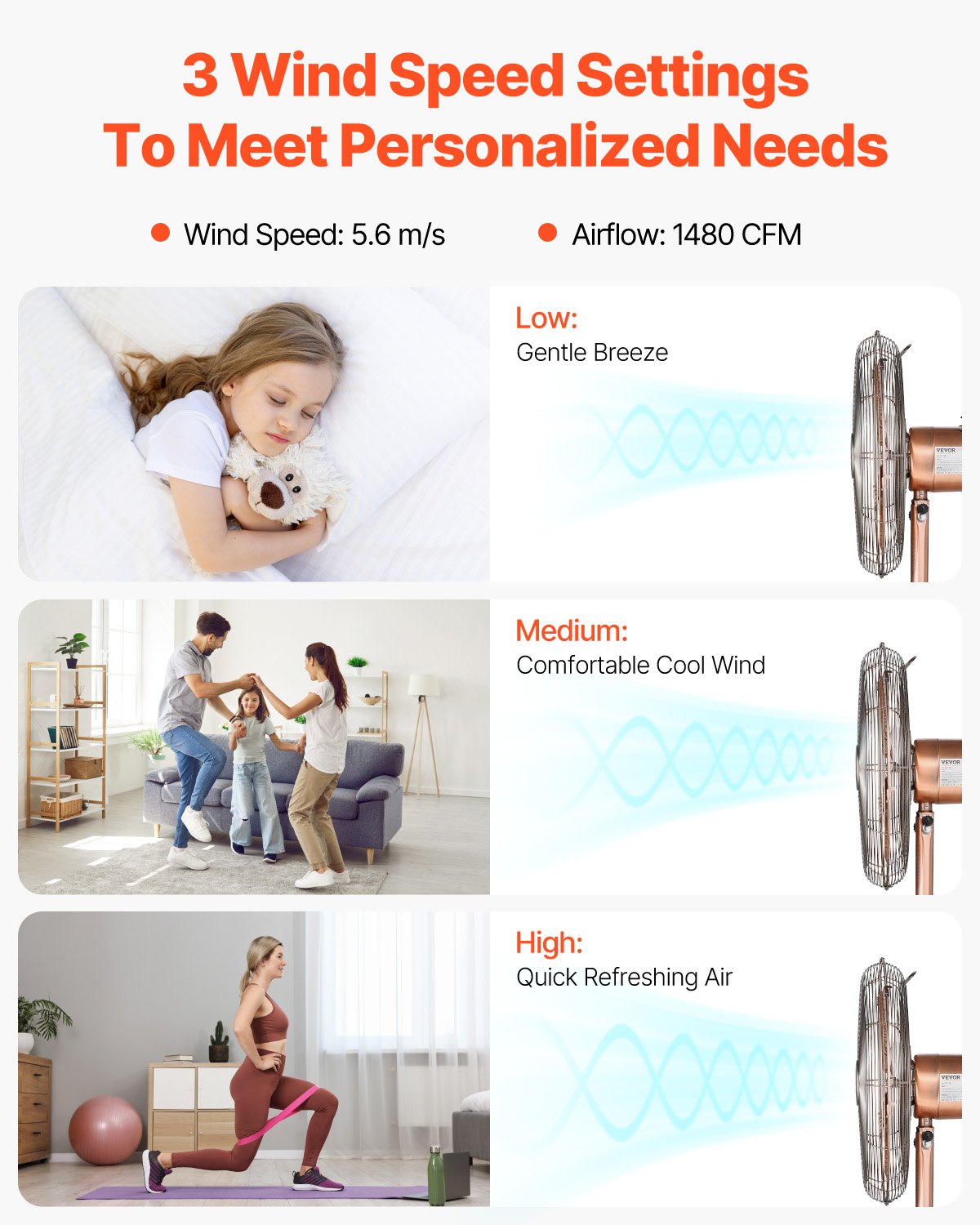 VEVOR 16" 3-Speed Industrial Pedestal Oscillating Fan Height Adjustable Copper 