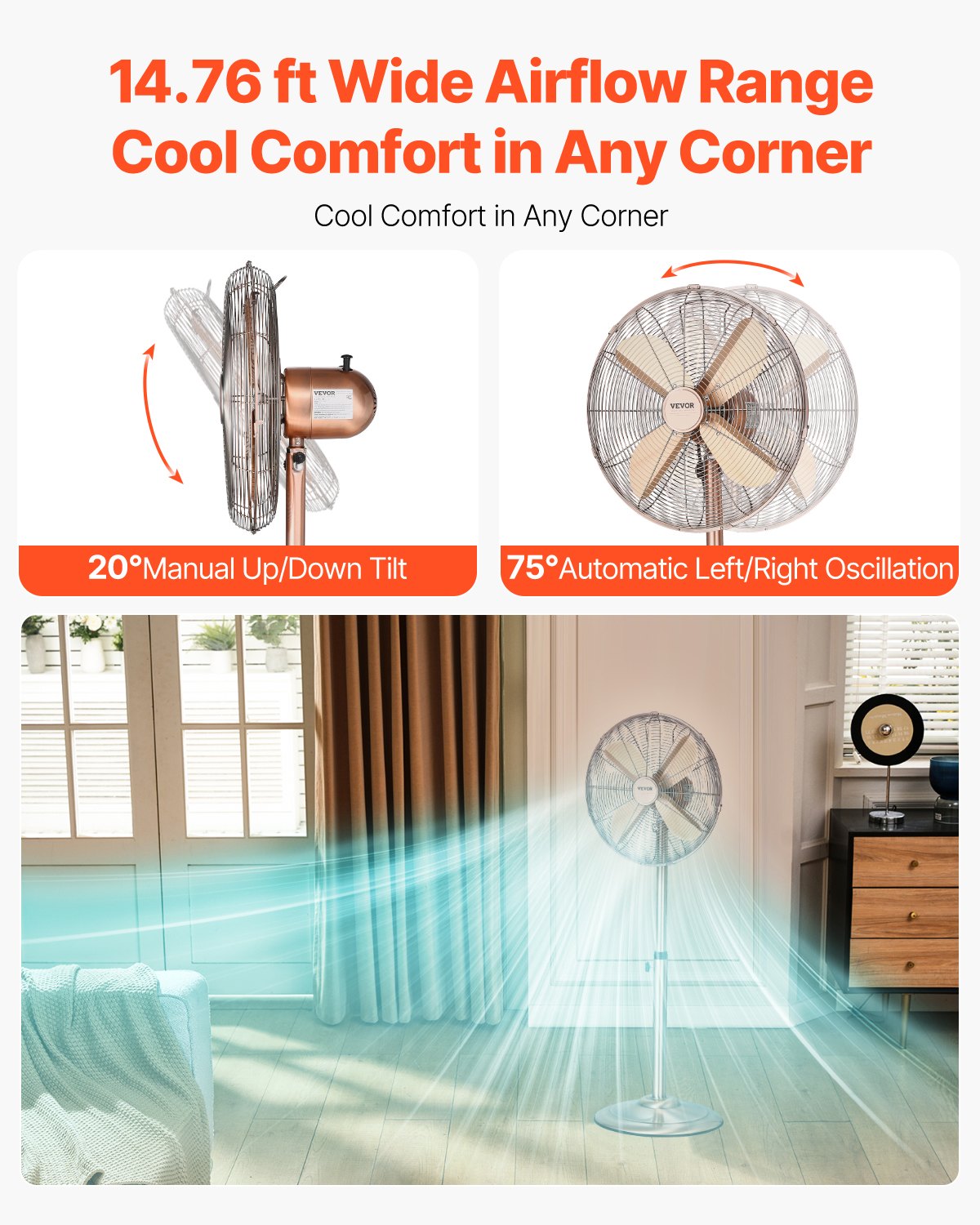 VEVOR 16" 3-Speed Industrial Pedestal Oscillating Fan Height Adjustable Copper 