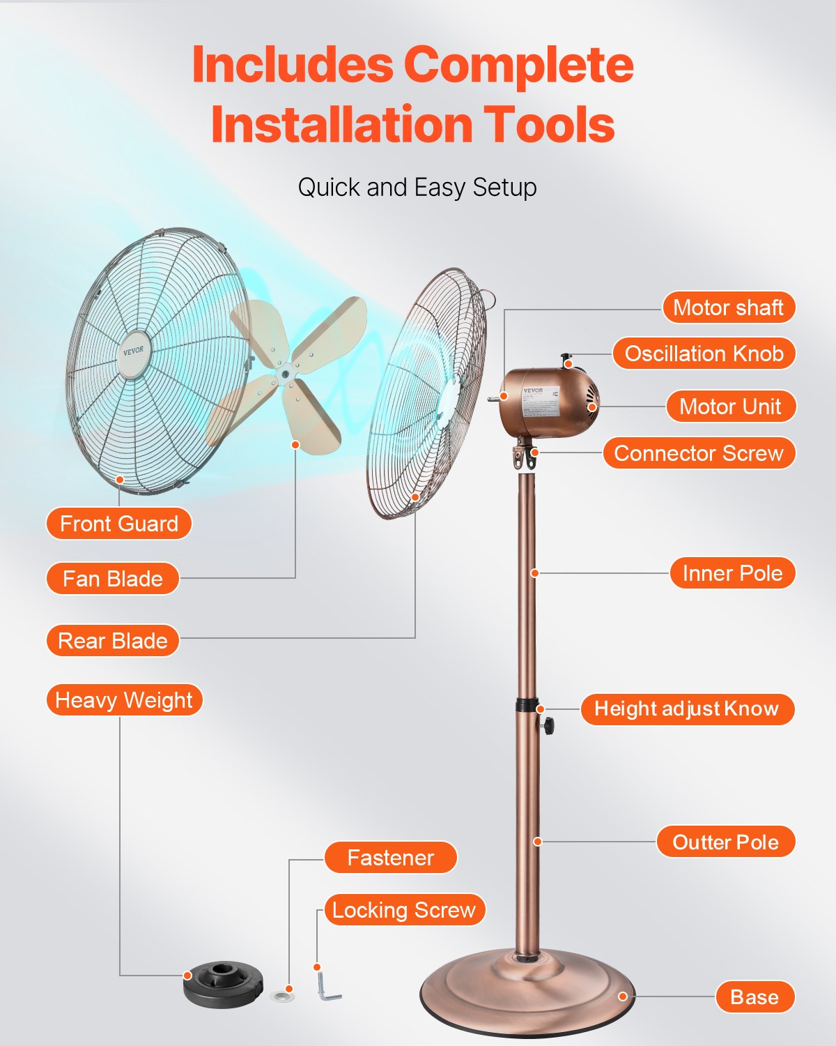 VEVOR 16" 3-Speed Industrial Pedestal Oscillating Fan Height Adjustable Copper 